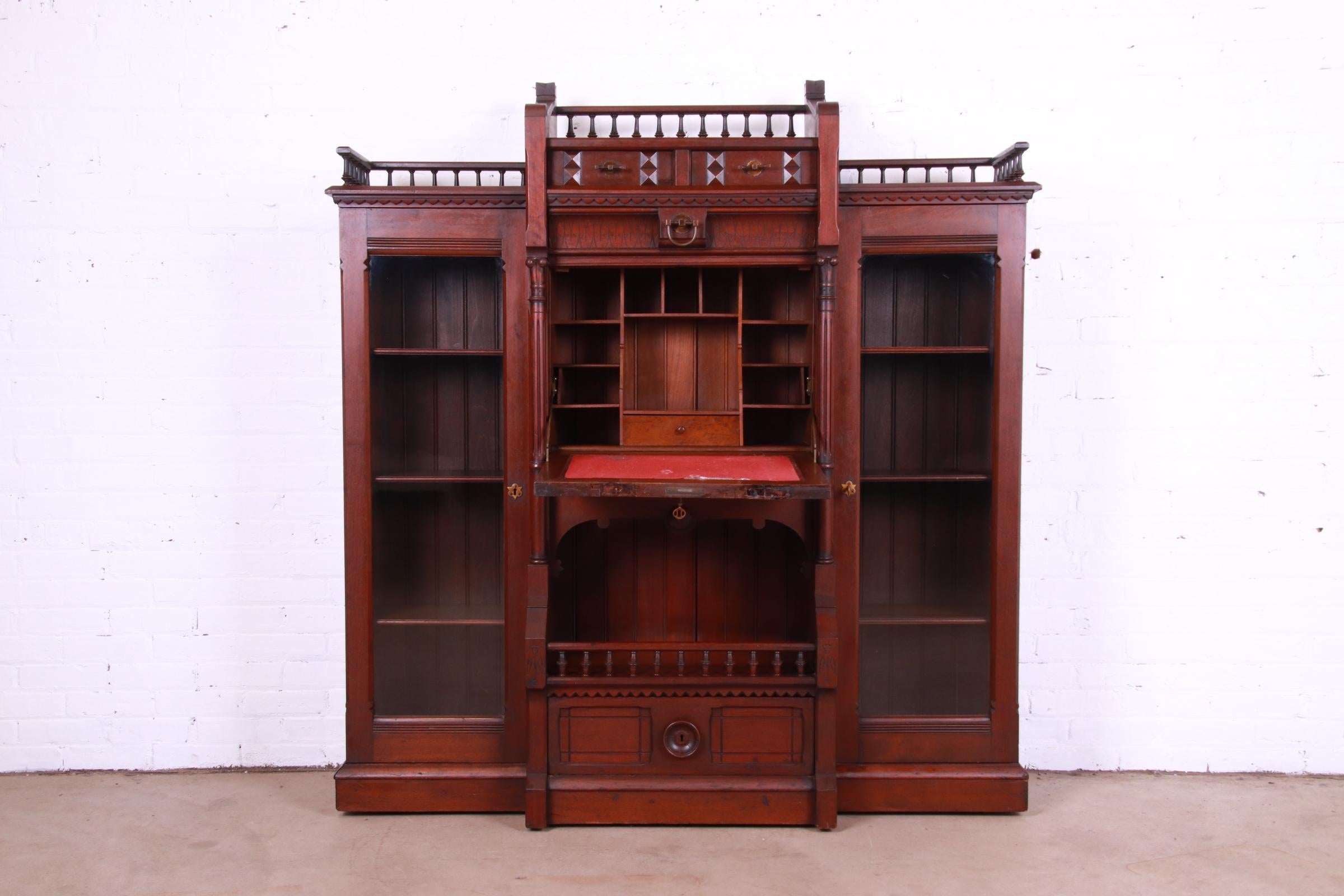 Antique Victorian Eastlake Carved Walnut Double Bookcase with Secretary Desk 4