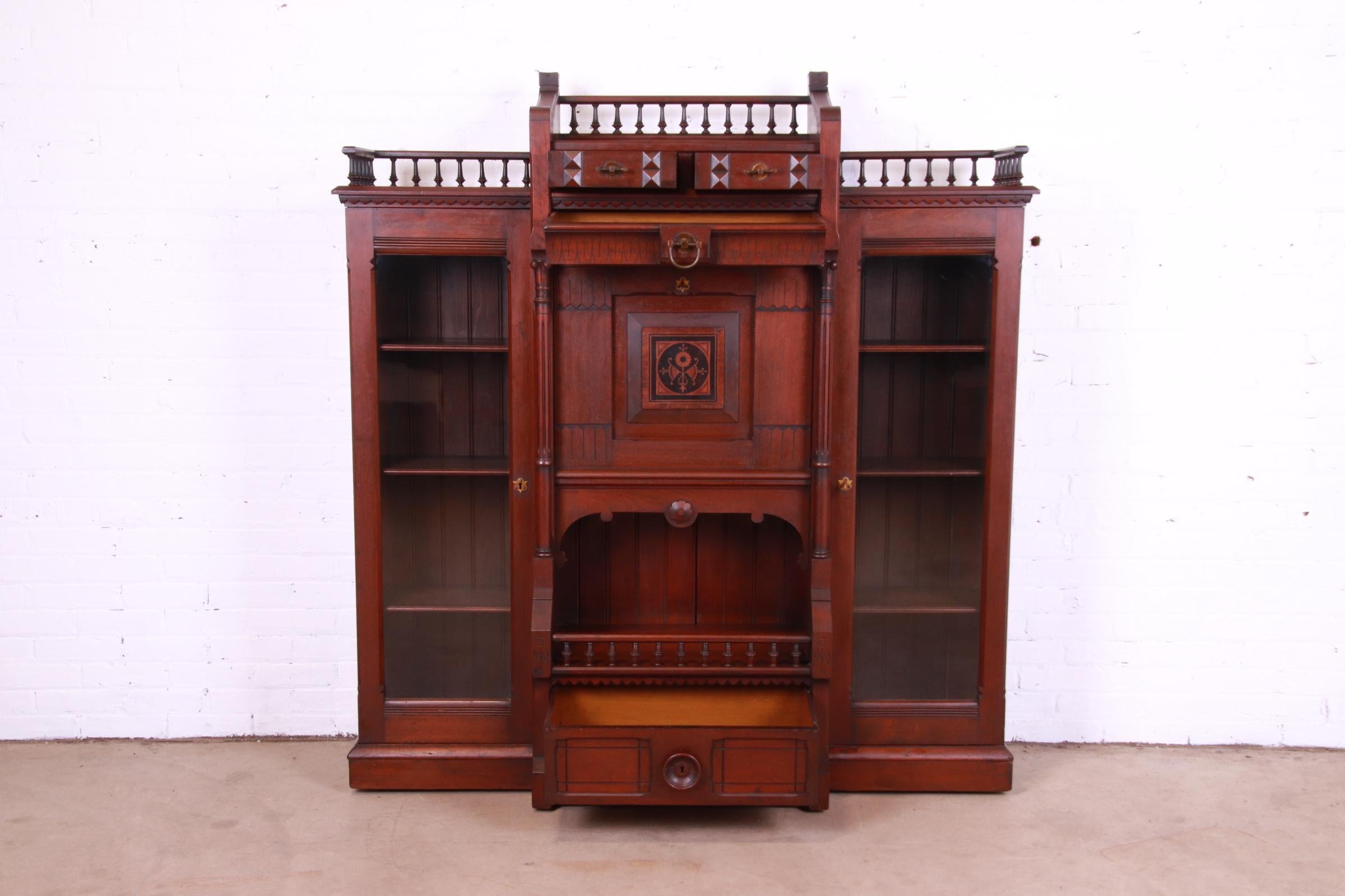 Antique Victorian Eastlake Carved Walnut Double Bookcase with Secretary Desk 5