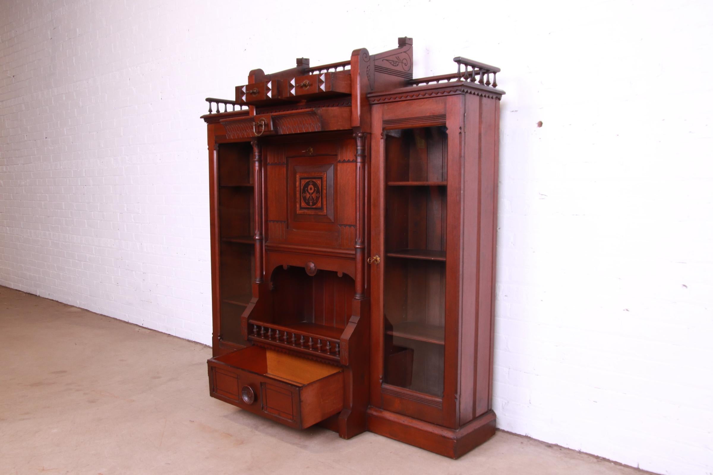 Antique Victorian Eastlake Carved Walnut Double Bookcase with Secretary Desk 6