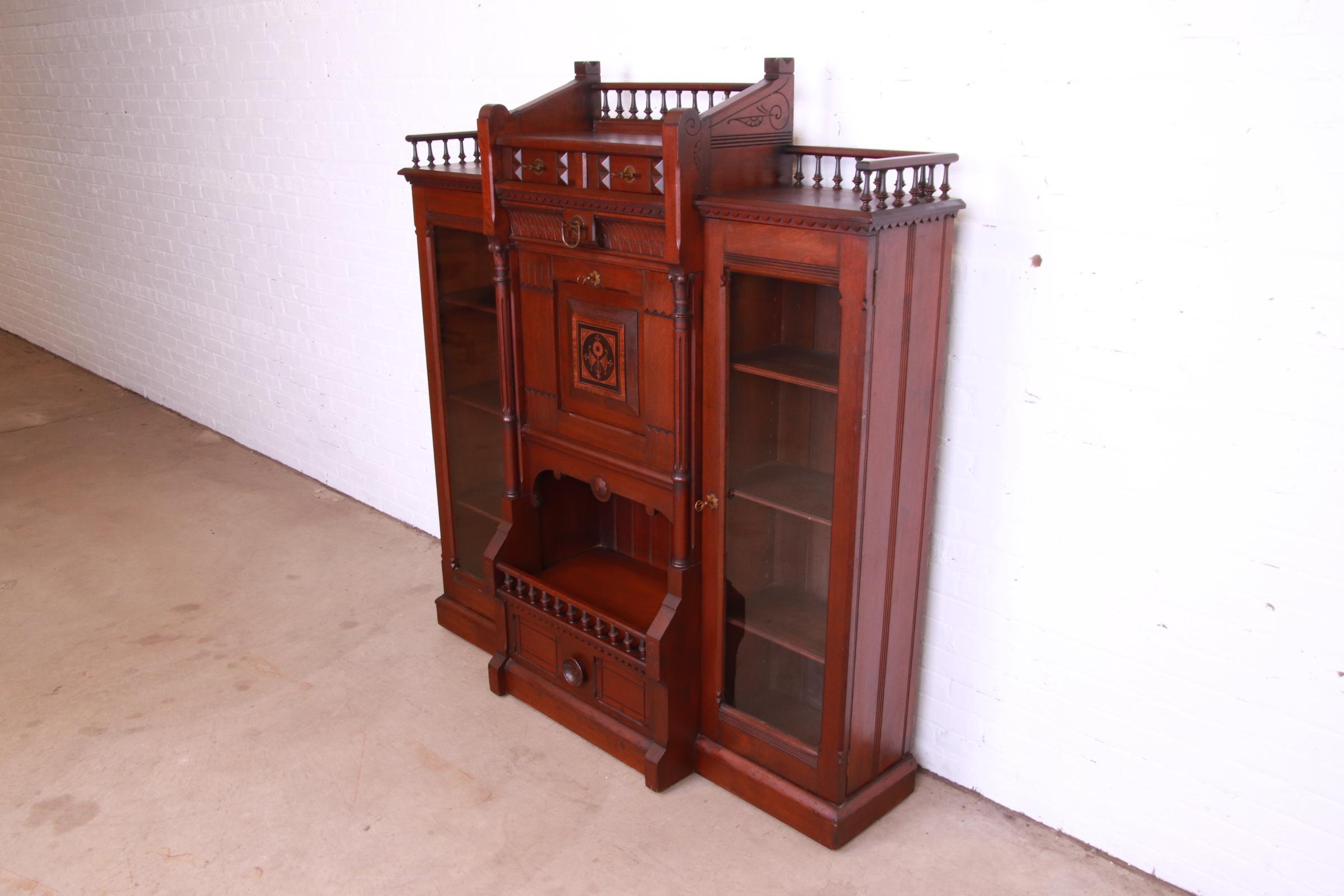 19th Century Antique Victorian Eastlake Carved Walnut Double Bookcase with Secretary Desk