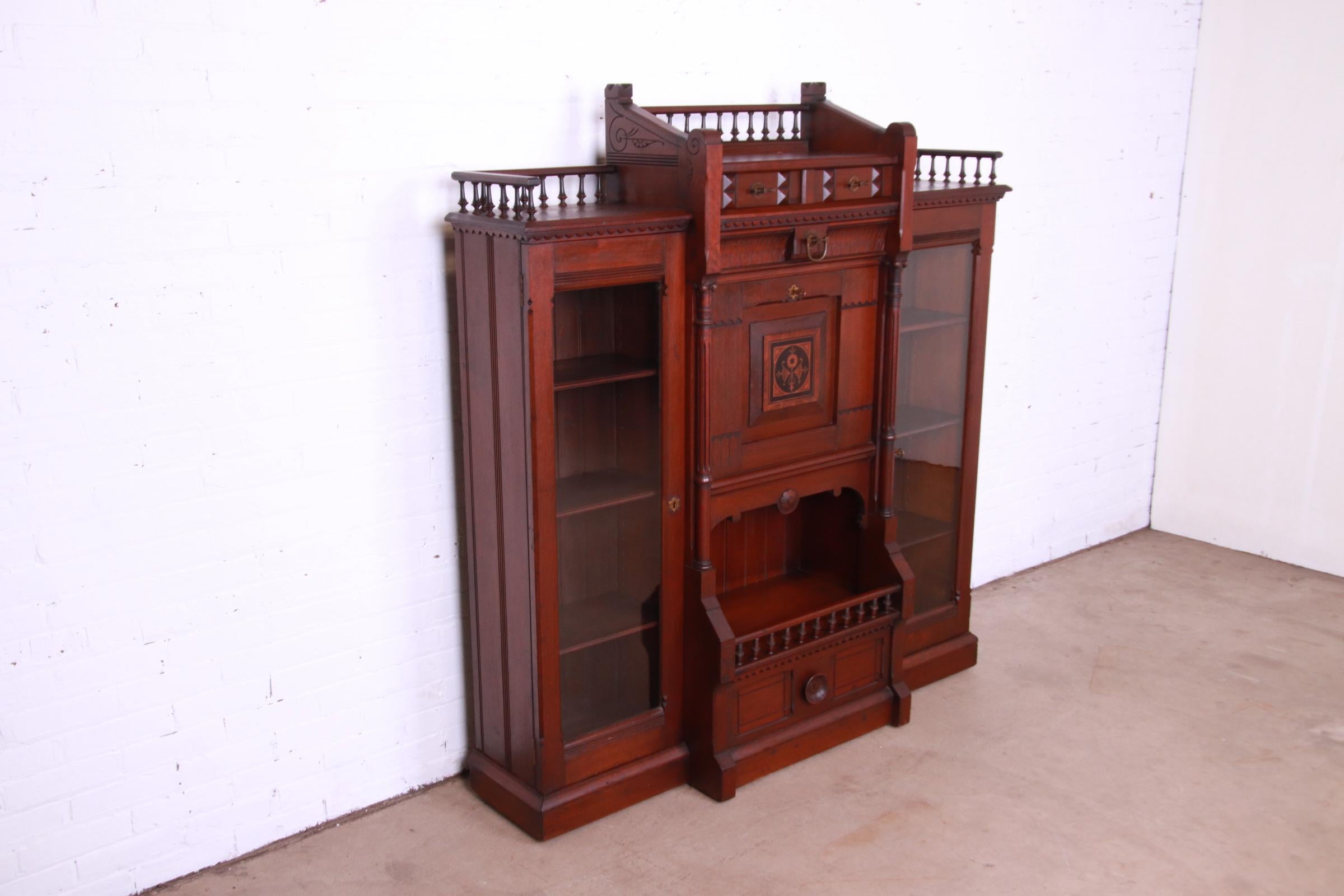 Antique Victorian Eastlake Carved Walnut Double Bookcase with Secretary Desk 1