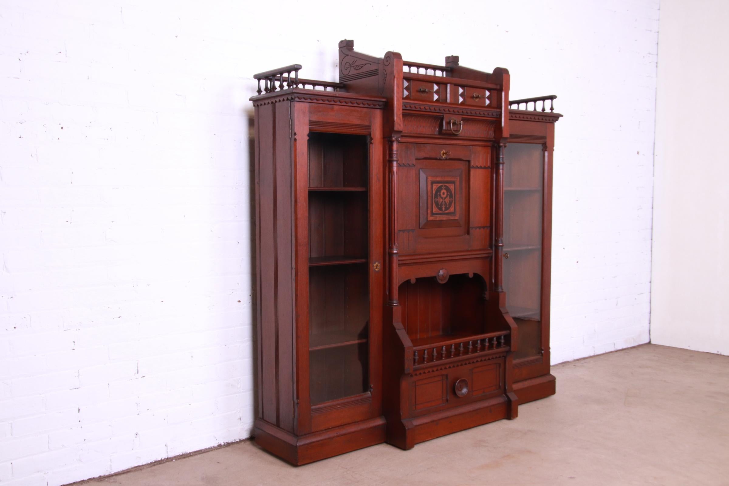 Antique Victorian Eastlake Carved Walnut Double Bookcase with Secretary Desk 2