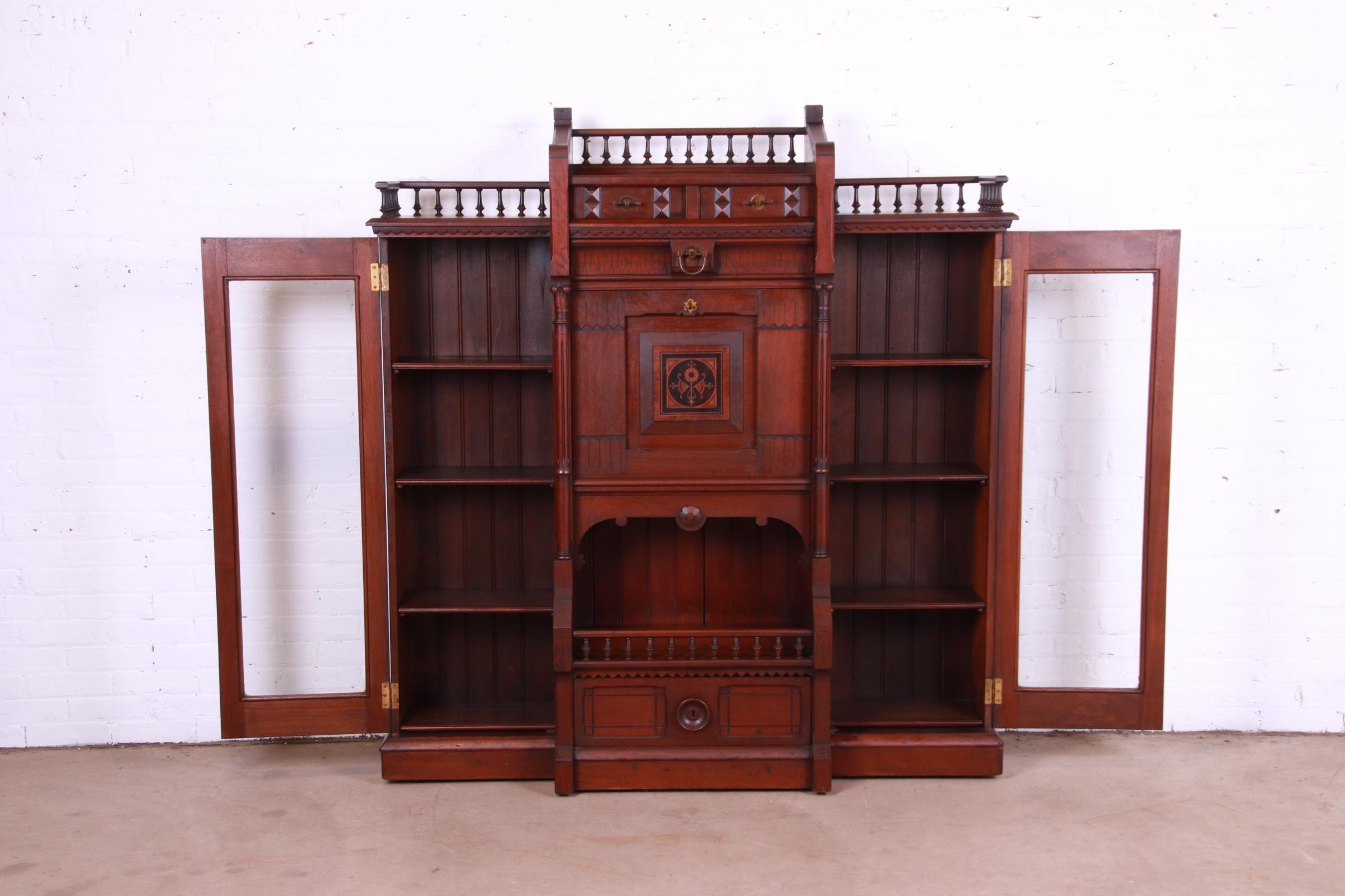 Antique Victorian Eastlake Carved Walnut Double Bookcase with Secretary Desk 3