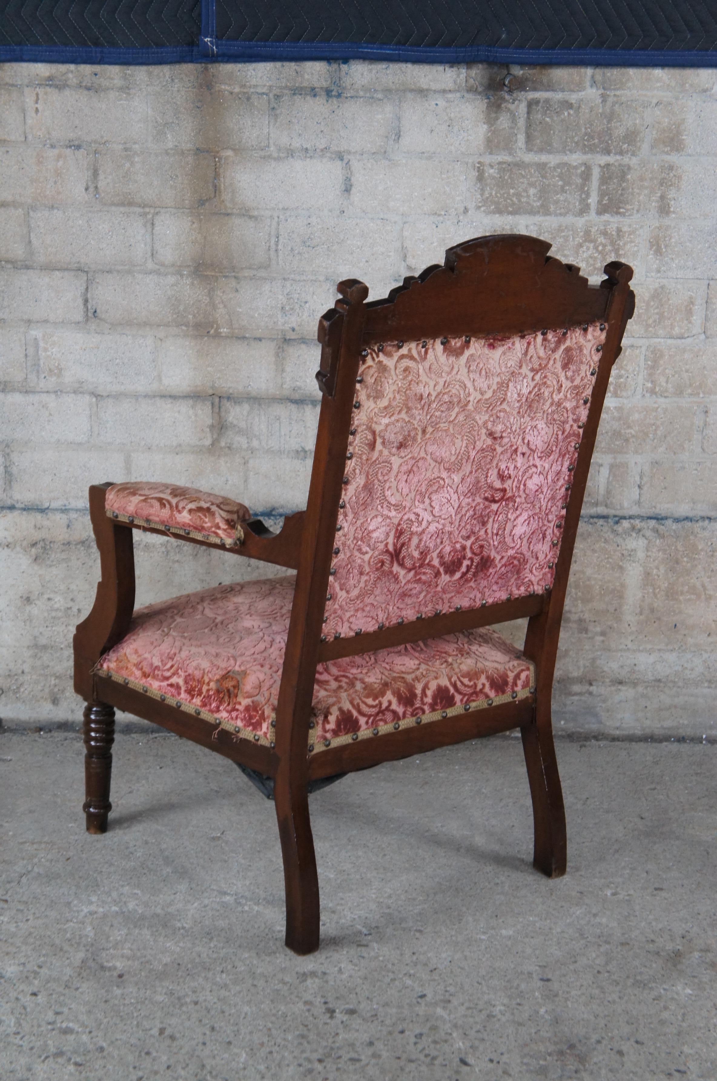 19th Century Antique Victorian Eastlake Carved Walnut Gentleman's Parlor Fauteuil Arm Chair For Sale