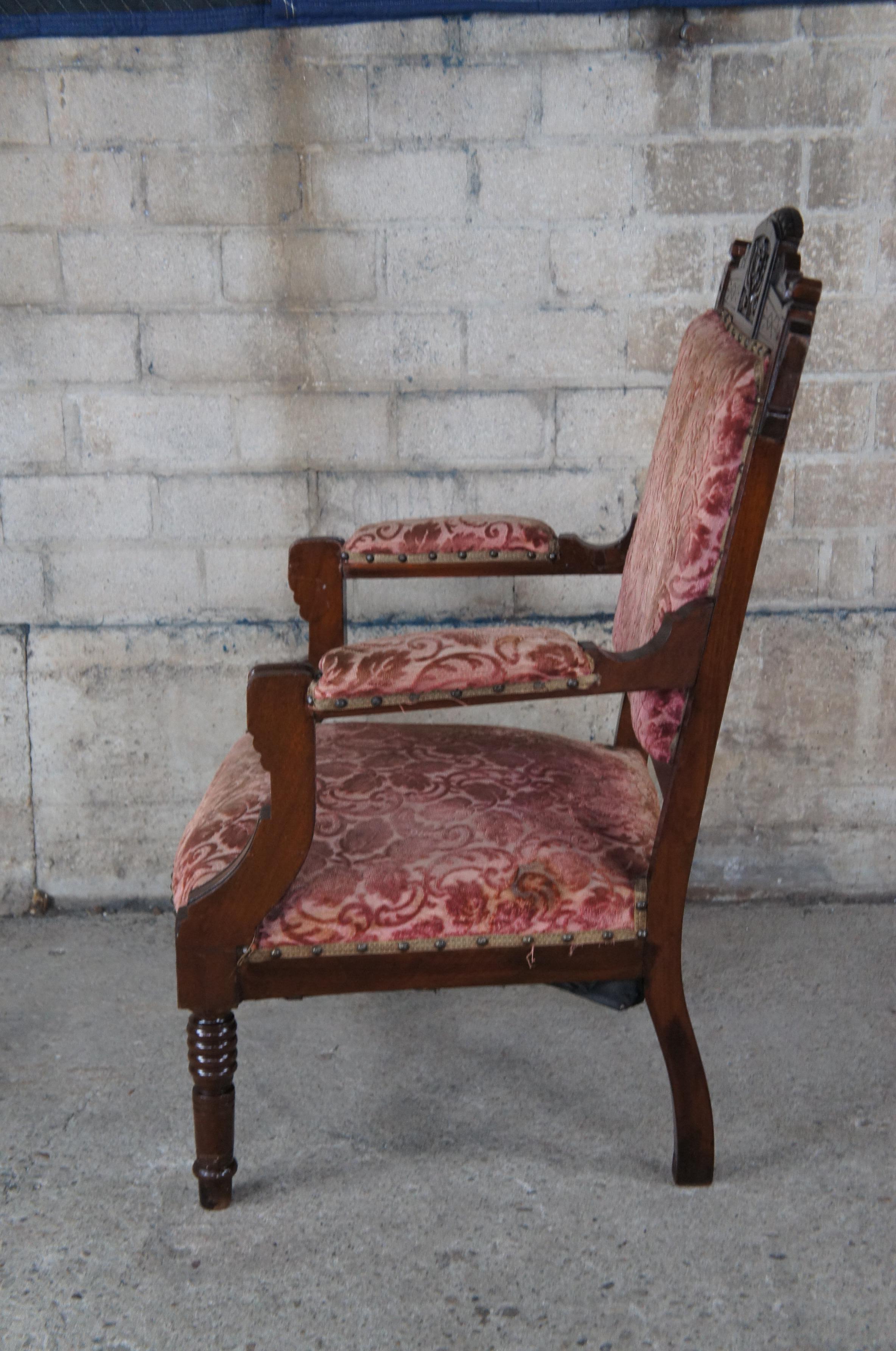 Upholstery Antique Victorian Eastlake Carved Walnut Gentleman's Parlor Fauteuil Arm Chair For Sale