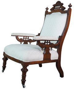 Antique Victorian Eastlake Carved Walnut Gentlemans Parlor Fauteuil Arm Chair