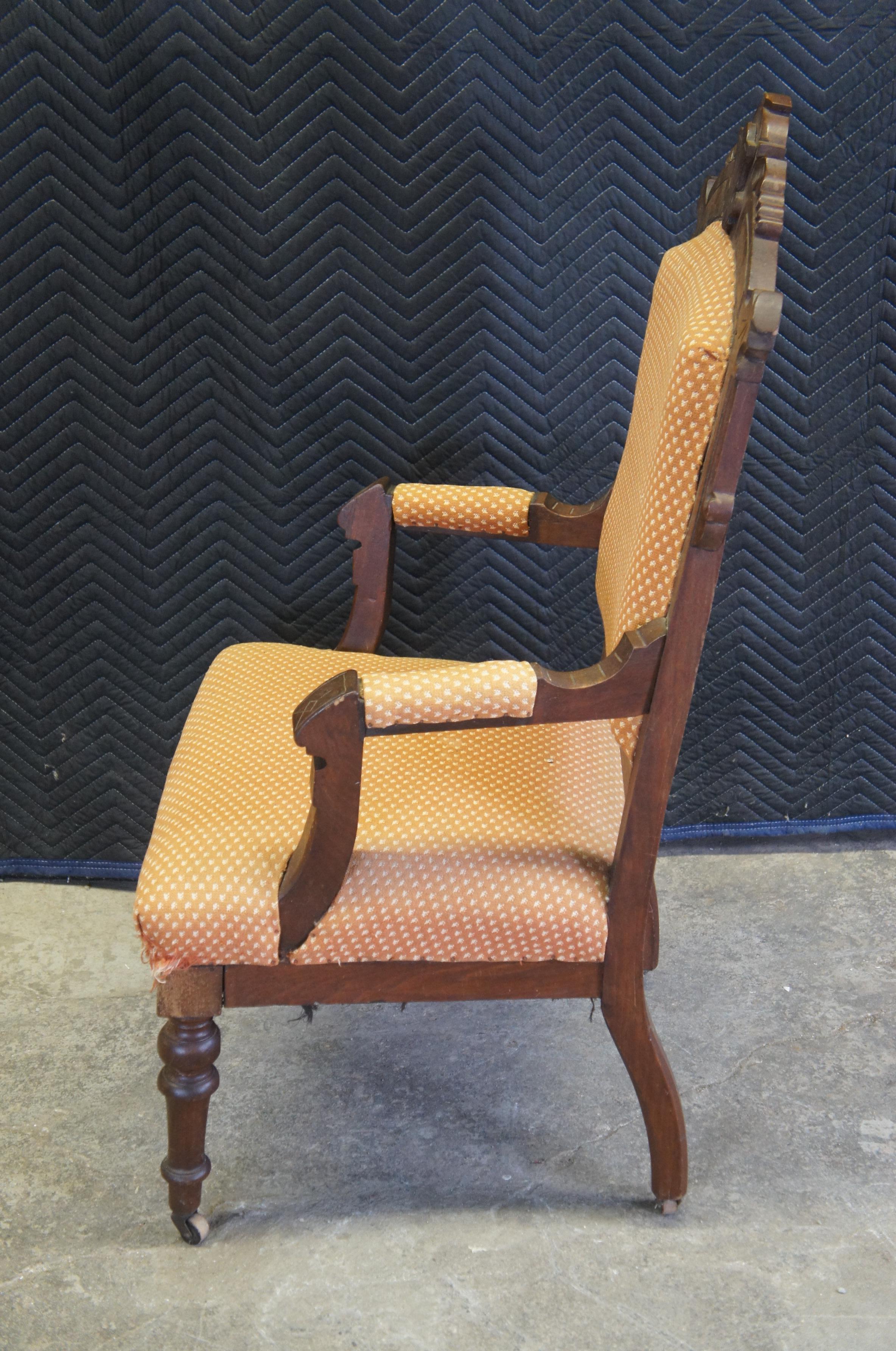 Antique Victorian Eastlake Carved Walnut Gentlemans Parlor Fauteuil Arm Chair  For Sale 1