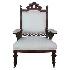 Antique Victorian Eastlake Carved Walnut Gentlemans Parlor Fauteuil Arm Chair