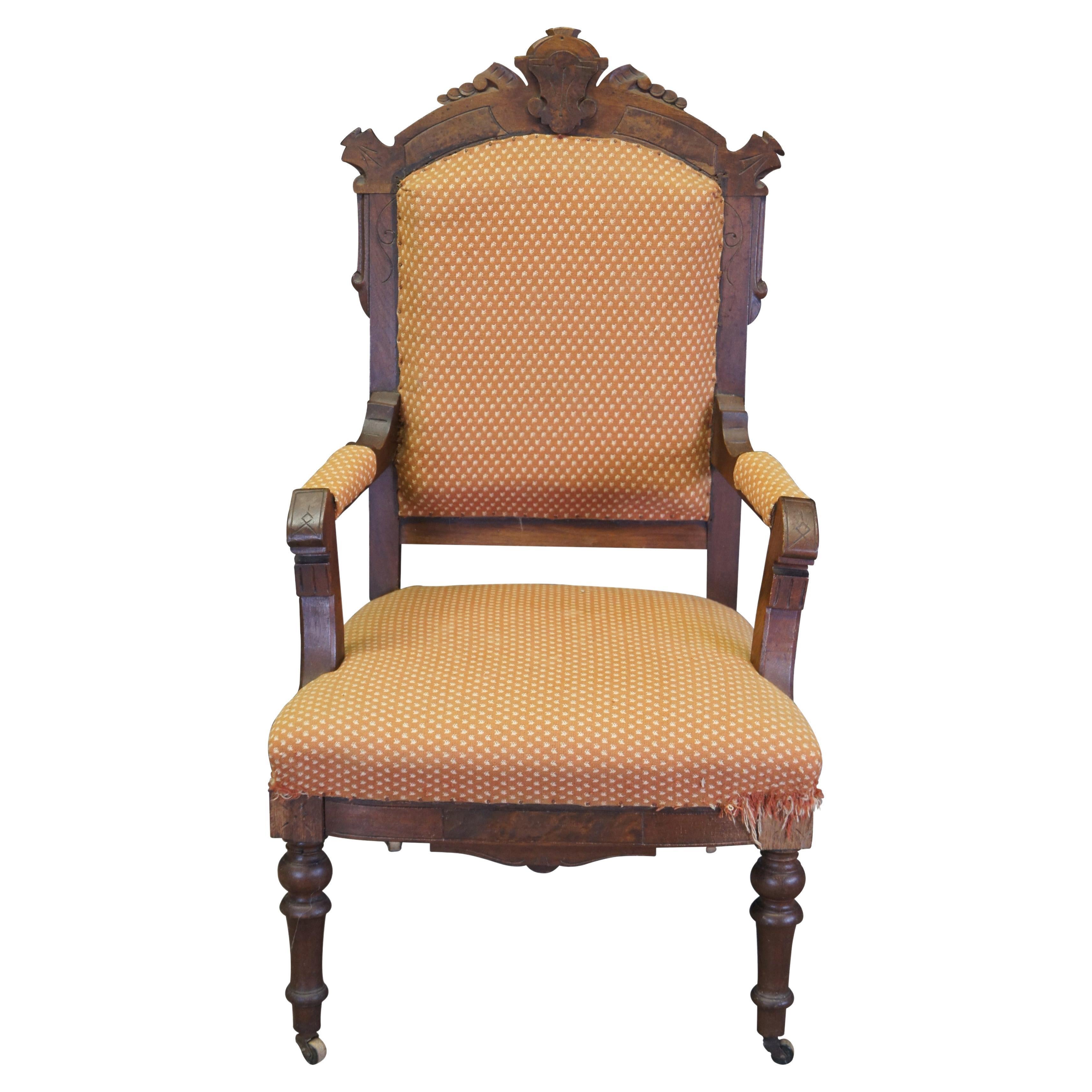 Antique Victorian Eastlake Carved Walnut Gentlemans Parlor Fauteuil Arm Chair 