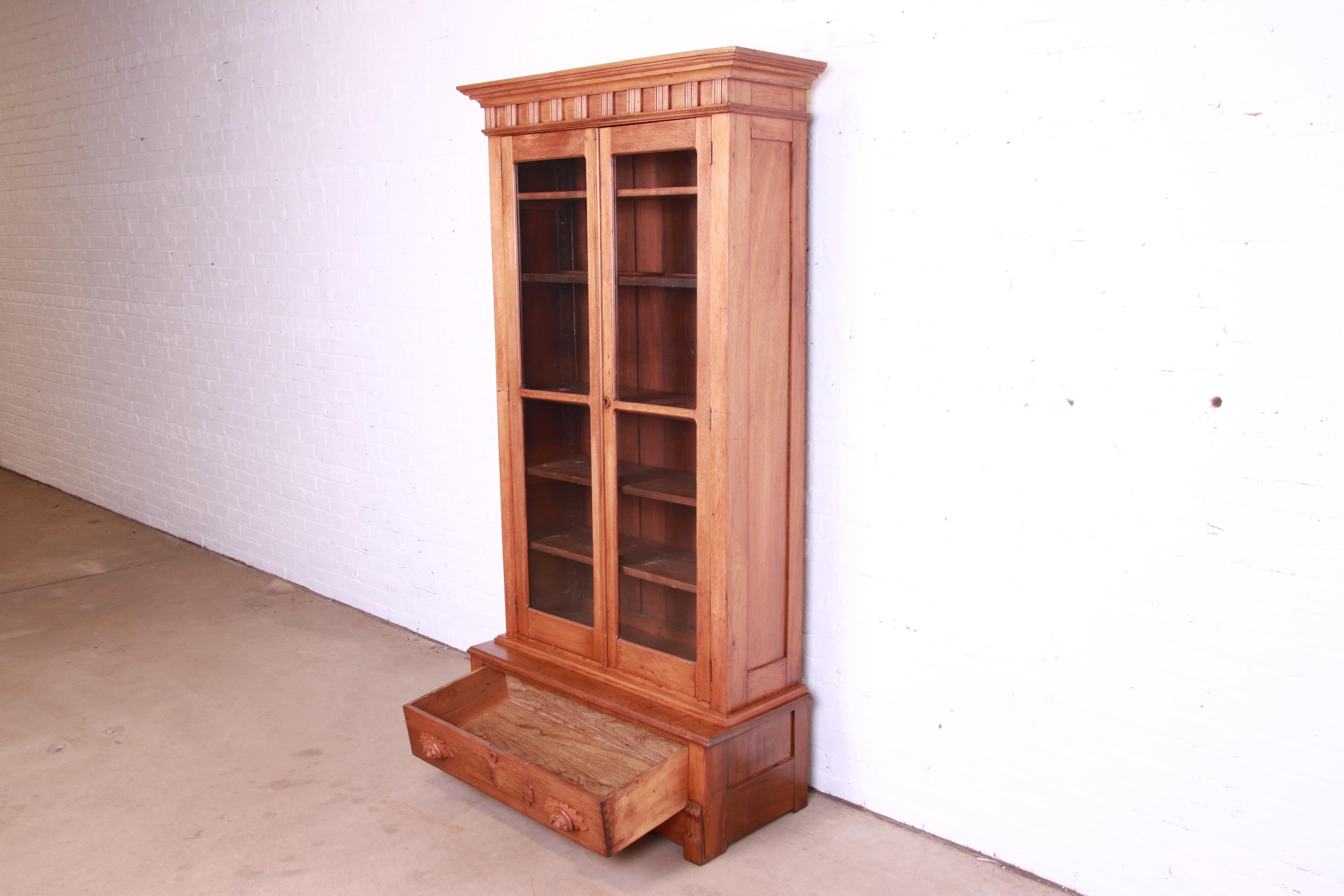 Antique Victorian Eastlake Carved Walnut Glass Front Bookcase, Circa 1880s 2