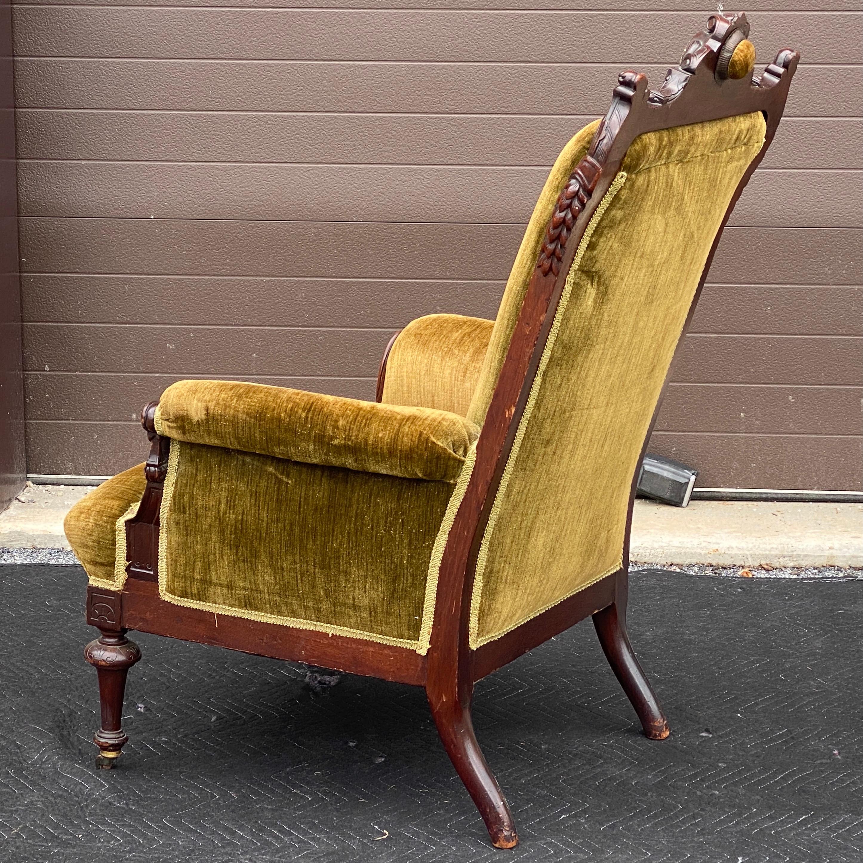 Antique Victorian Eastlake Carved Walnut Lounge Chair For Sale 4
