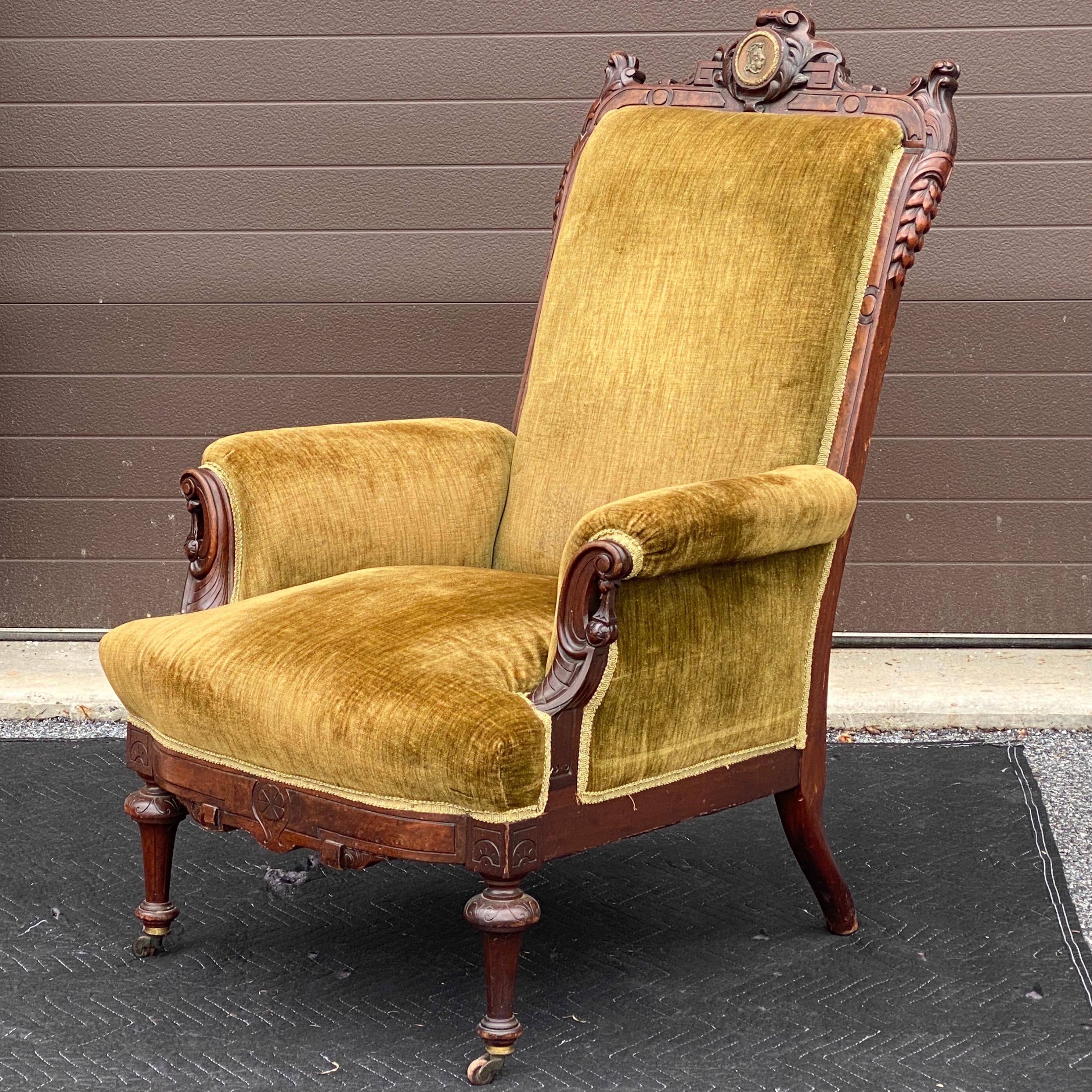 Antique Victorian Eastlake Carved Walnut Lounge Chair For Sale 6