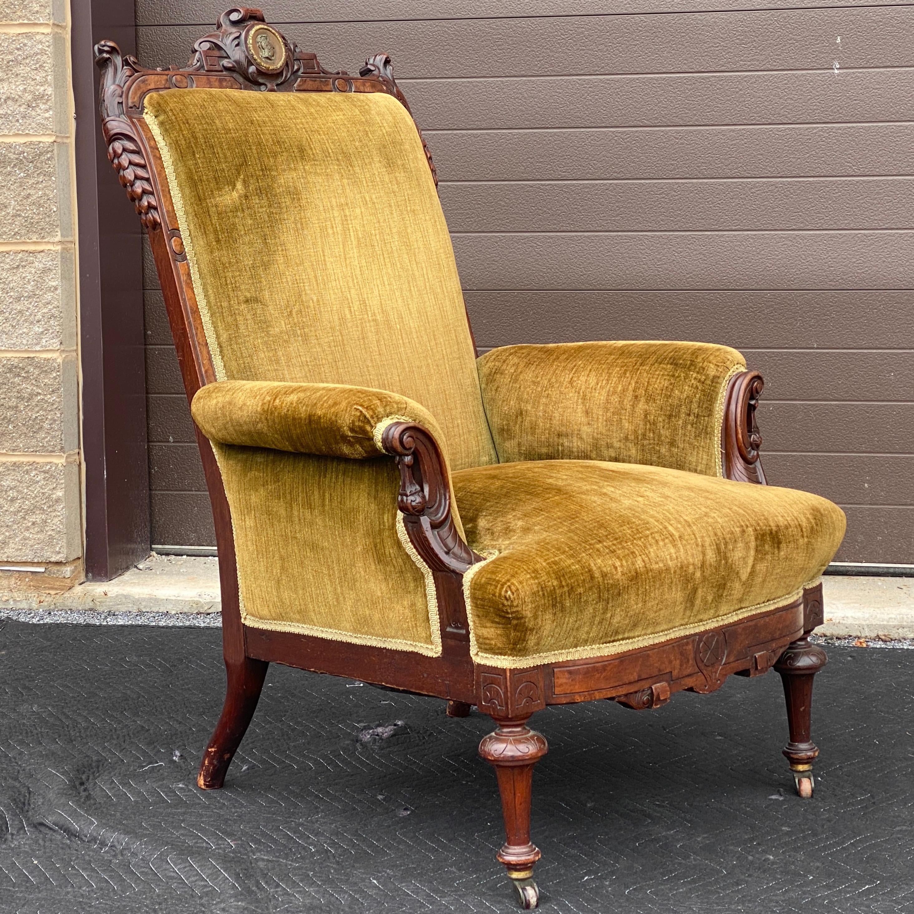 Hand-Carved Antique Victorian Eastlake Carved Walnut Lounge Chair For Sale