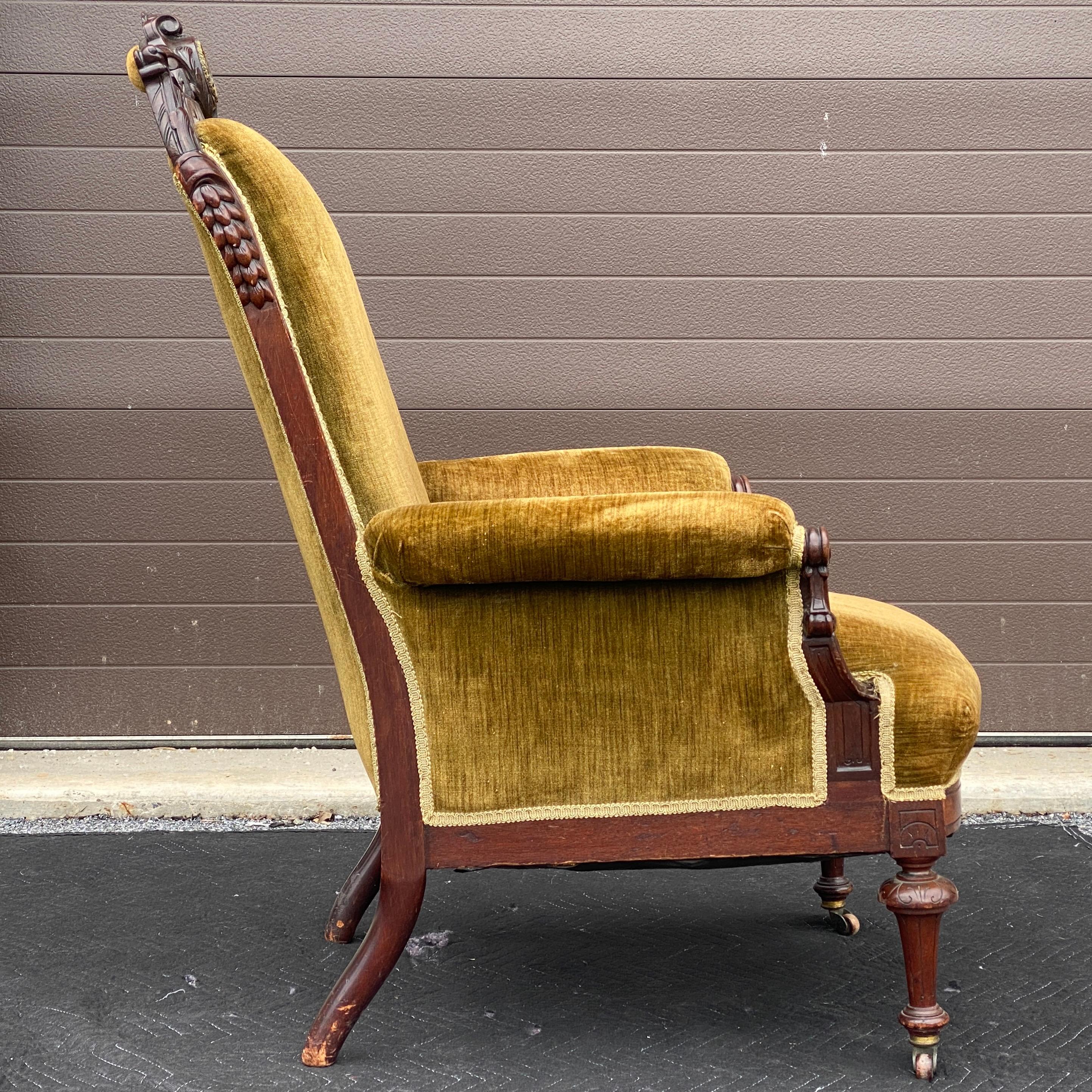 Upholstery Antique Victorian Eastlake Carved Walnut Lounge Chair For Sale
