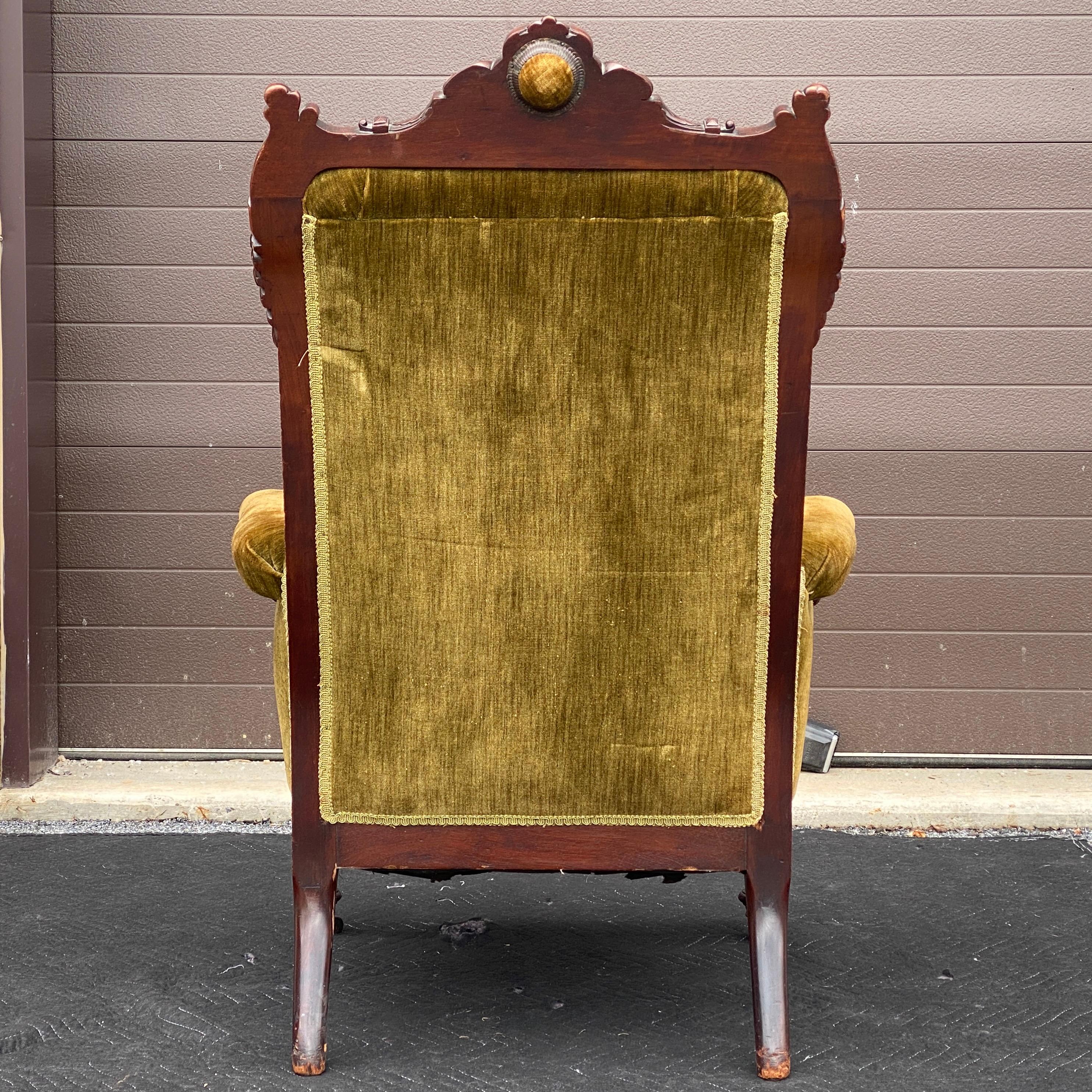 Antique Victorian Eastlake Carved Walnut Lounge Chair For Sale 1