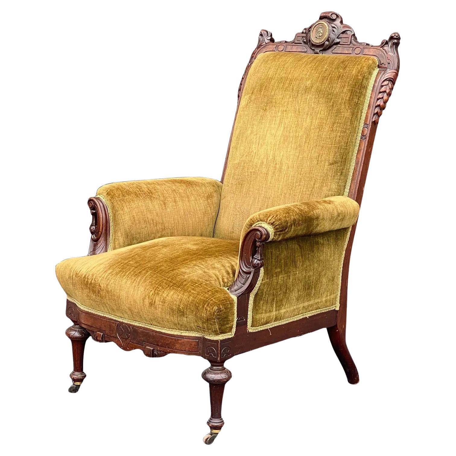 Antique Victorian Eastlake Carved Walnut Lounge Chair For Sale