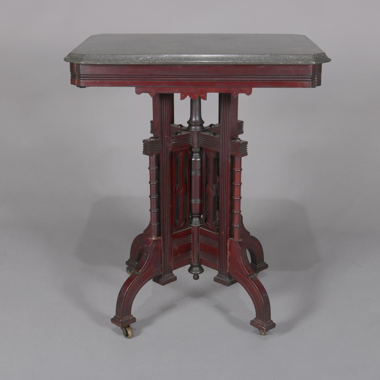 American Antique Victorian Eastlake Carved Walnut Marble-Top Side Stand, circa 1890