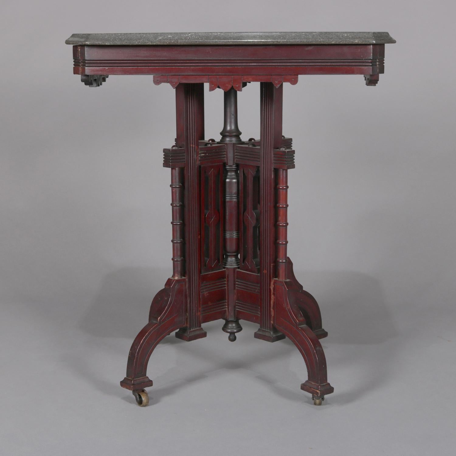 Beveled Antique Victorian Eastlake Carved Walnut Marble-Top Side Stand, circa 1890