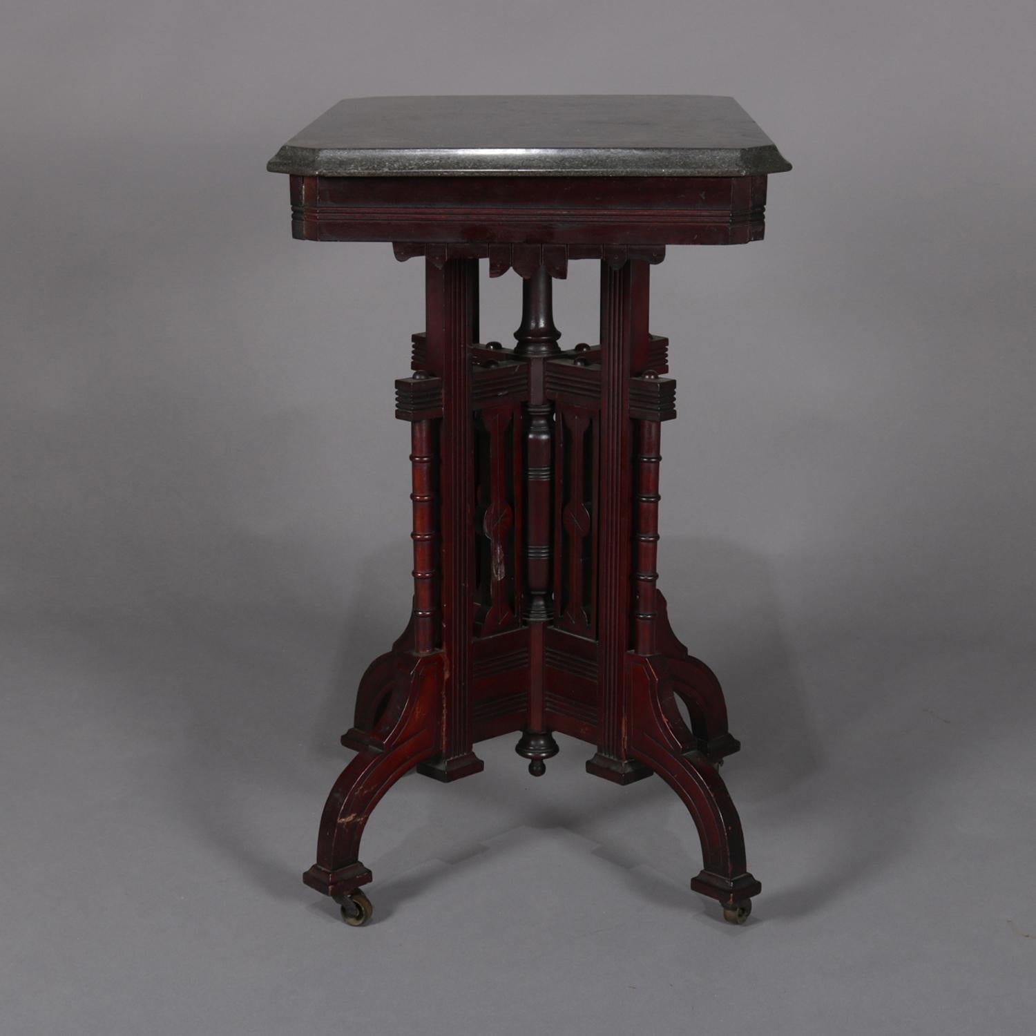 Antique Victorian Eastlake Carved Walnut Marble-Top Side Stand, circa 1890 In Good Condition In Big Flats, NY