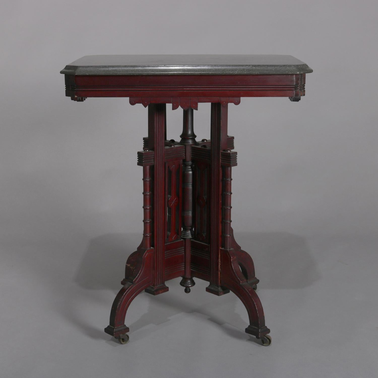 19th Century Antique Victorian Eastlake Carved Walnut Marble-Top Side Stand, circa 1890