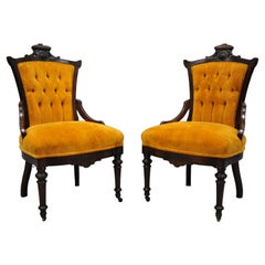 Antique Victorian Eastlake Carved Walnut Orange Tufted Parlor Side Chairs, Pair