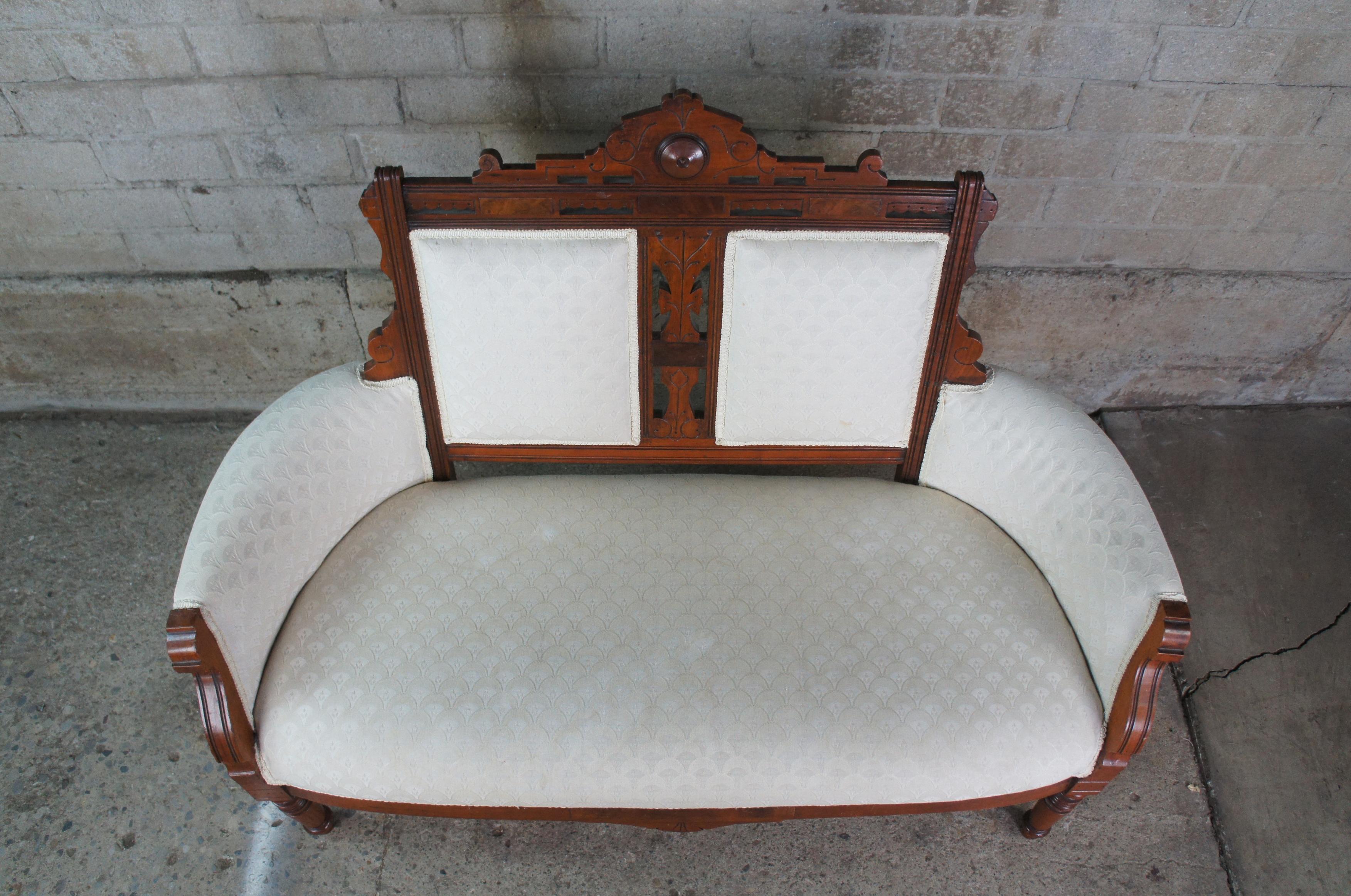 Upholstery Antique Victorian Eastlake Carved Walnut Parlor Settee Love Seat Bench
