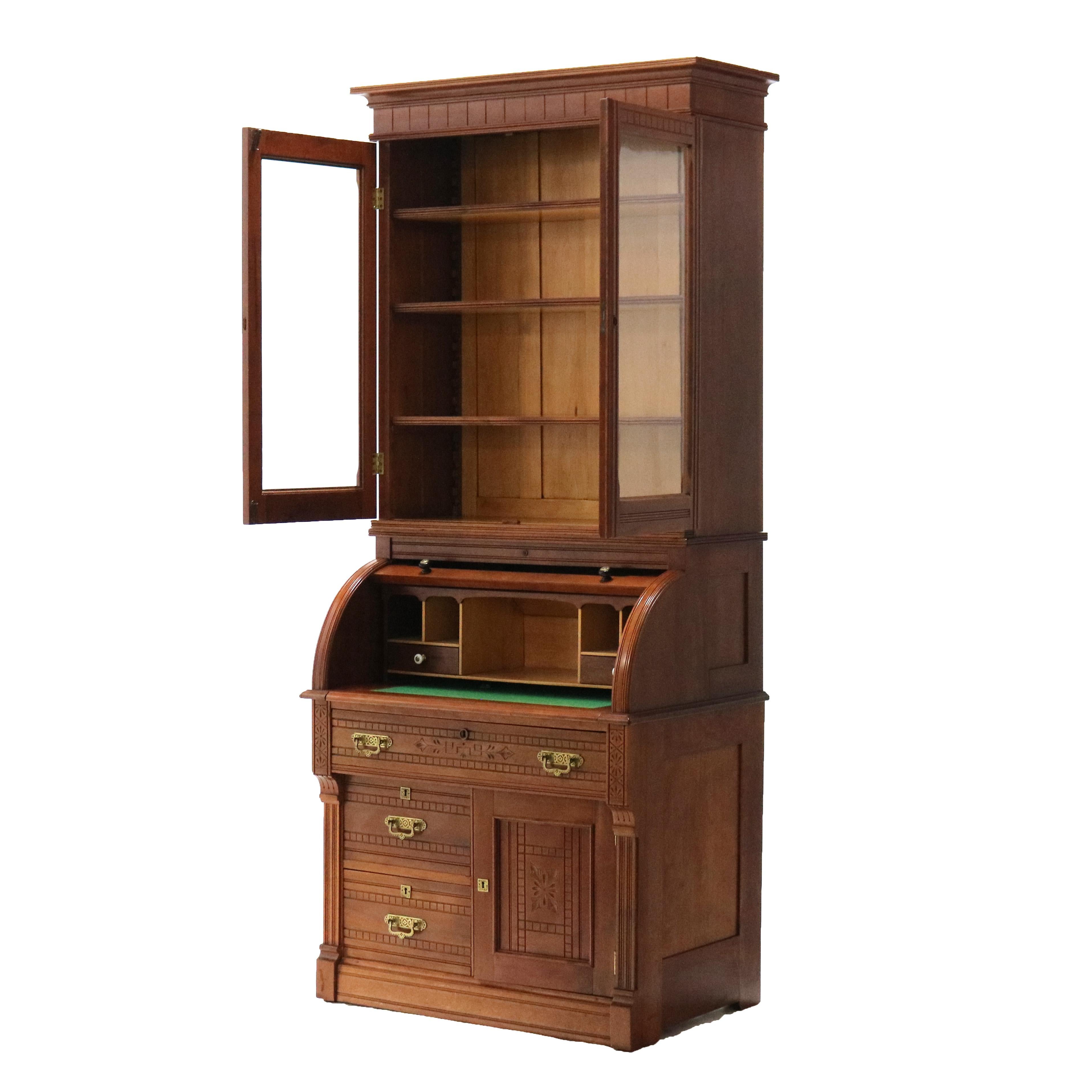 ***Reduced Delivery Rates - See Below or Click “Ask The Seller” to Request a Quote***

Antique Victorian Eastlake Cherry & Burl Barrel Roll Top Secretary Desk & Bookcase with Incised Decoration throughout C1890

Measures- 83.25