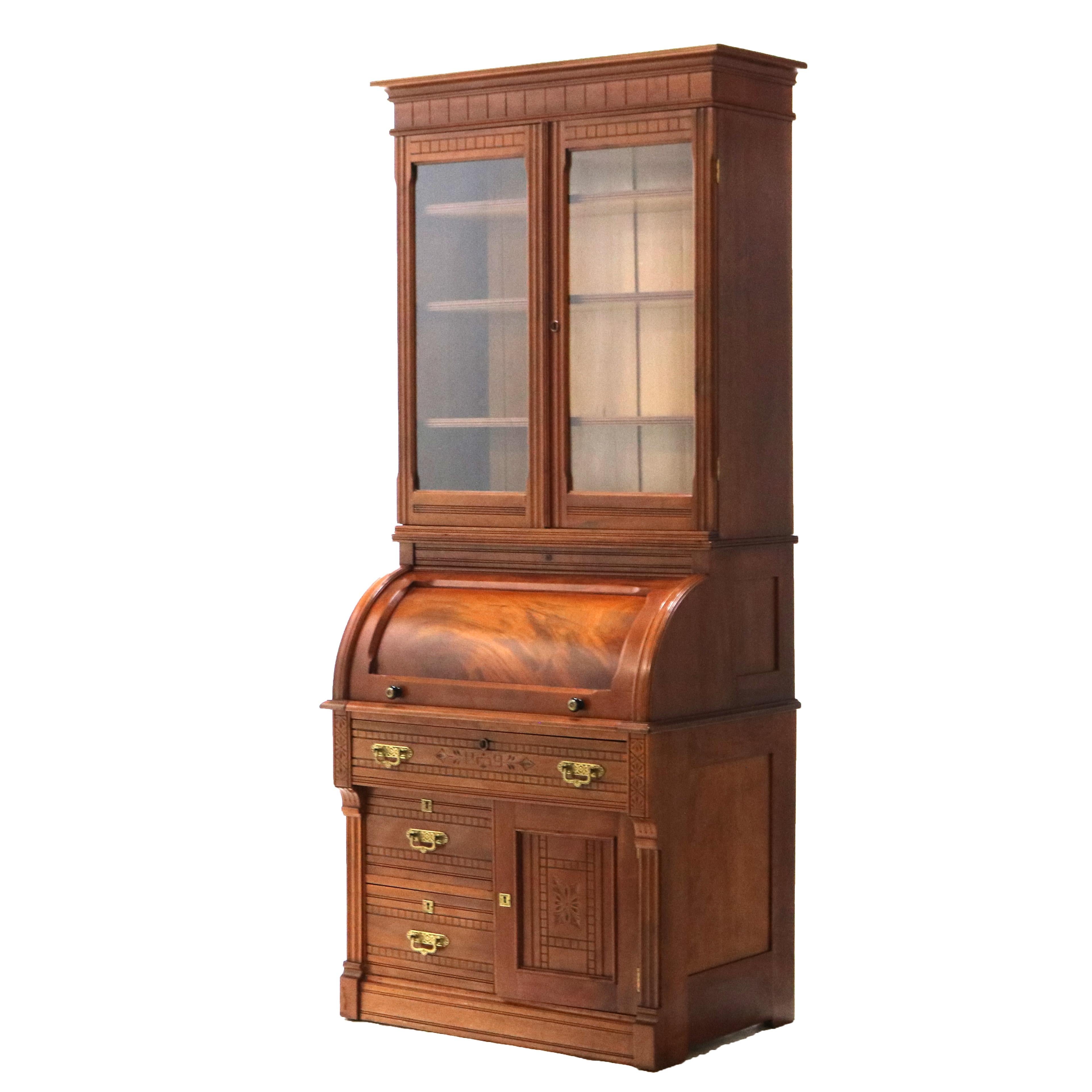 Antique Victorian Eastlake Cherry & Burl Barrel Roll Top Secretary Desk C1890 In Good Condition In Big Flats, NY