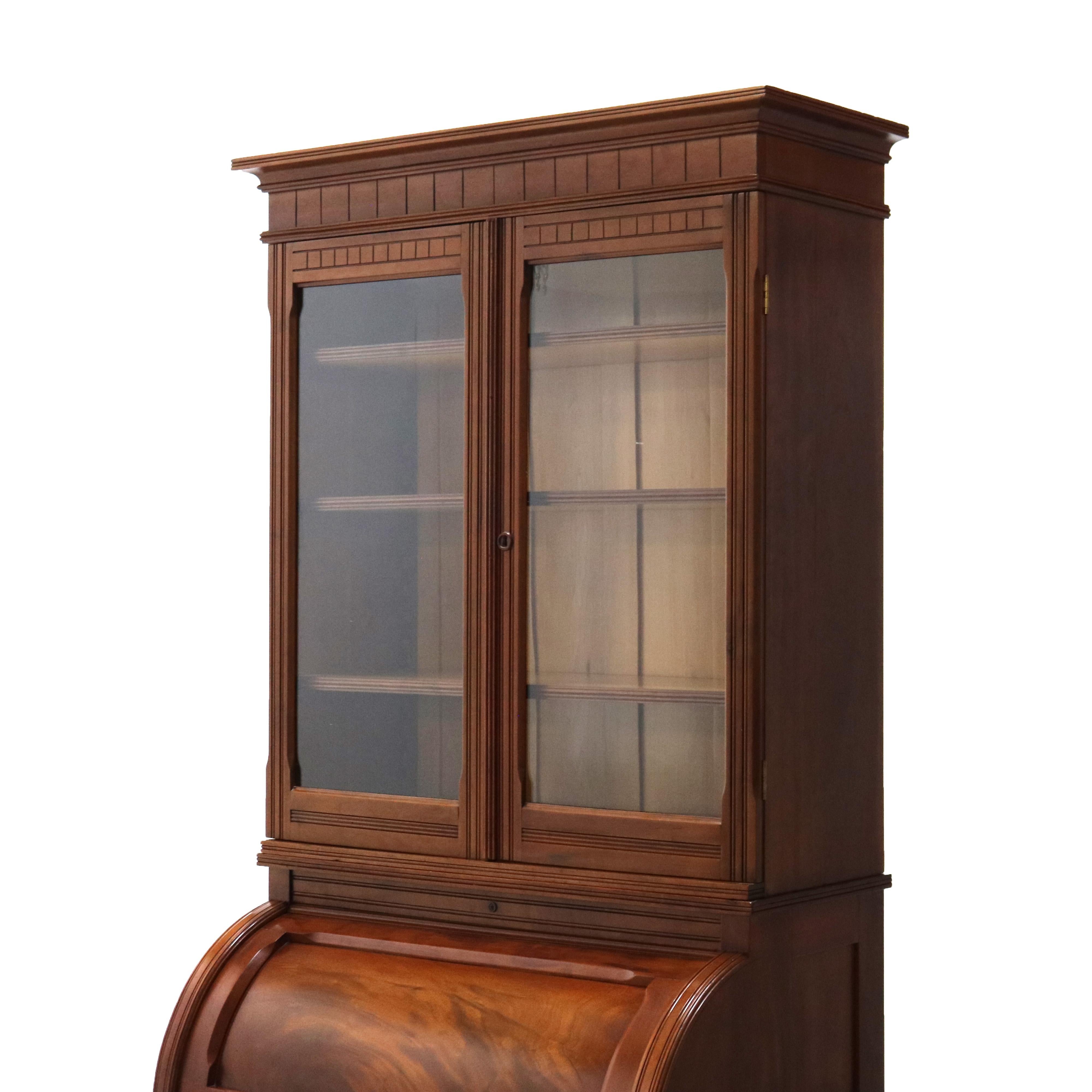 19th Century Antique Victorian Eastlake Cherry & Burl Barrel Roll Top Secretary Desk C1890