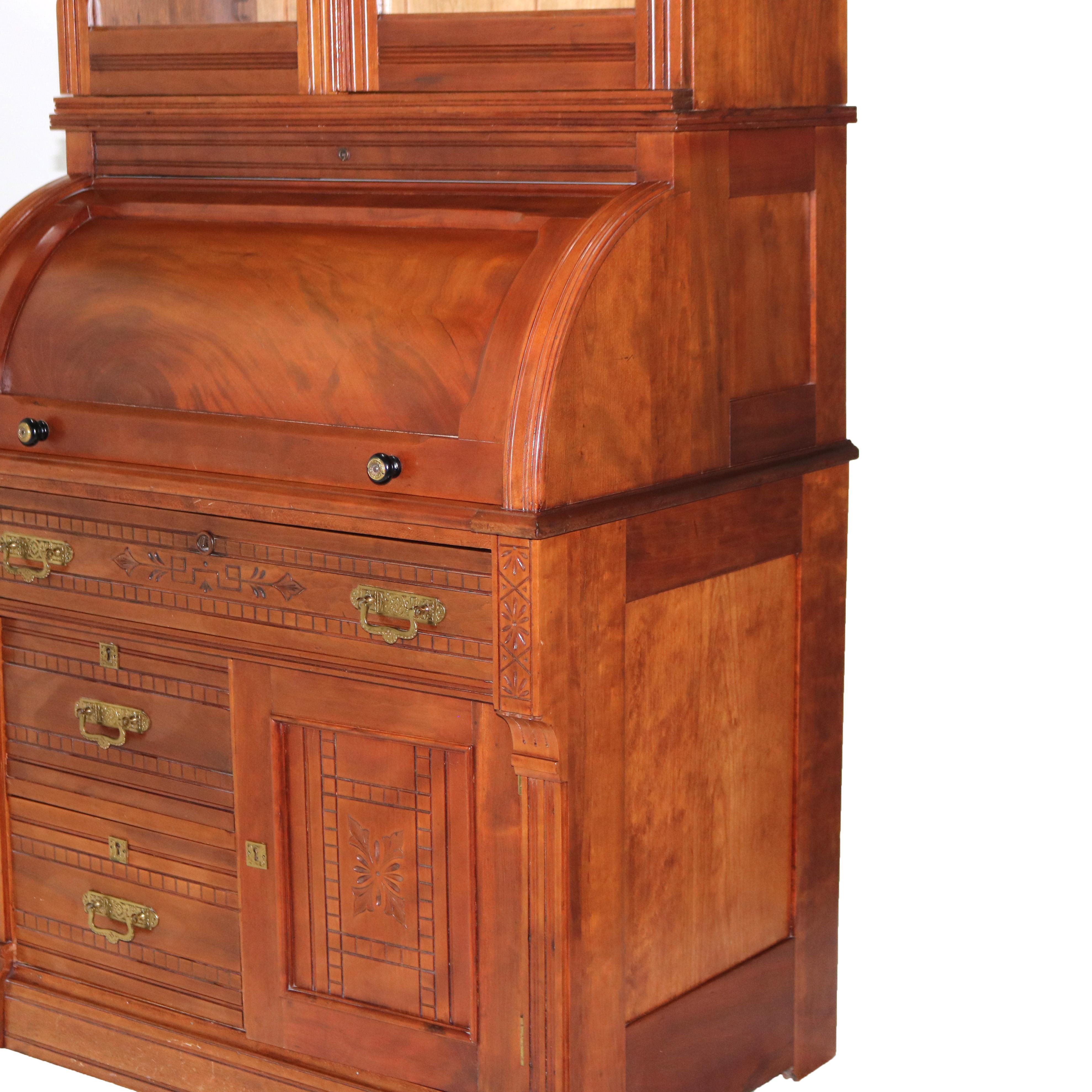 Antique Victorian Eastlake Cherry & Burl Barrel Roll Top Secretary Desk C1890 3