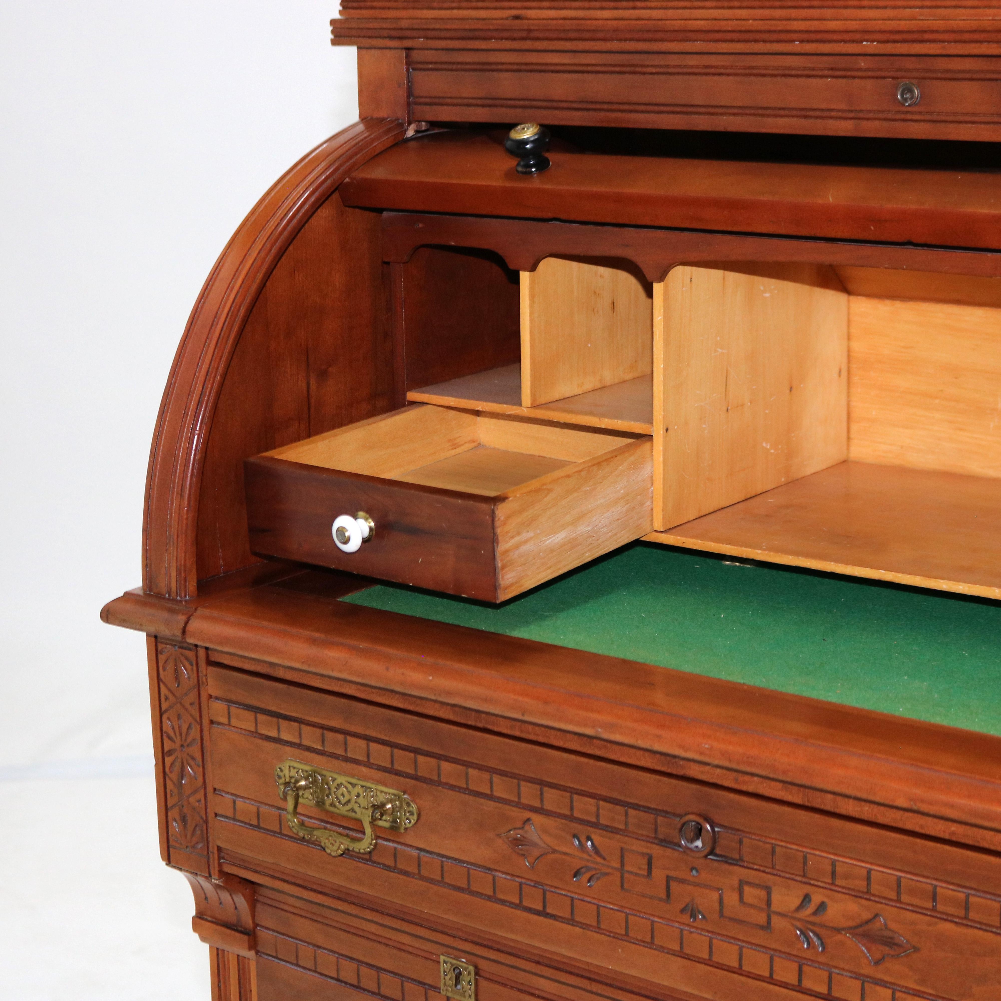 Antique Victorian Eastlake Cherry & Burl Barrel Roll Top Secretary Desk C1890 5