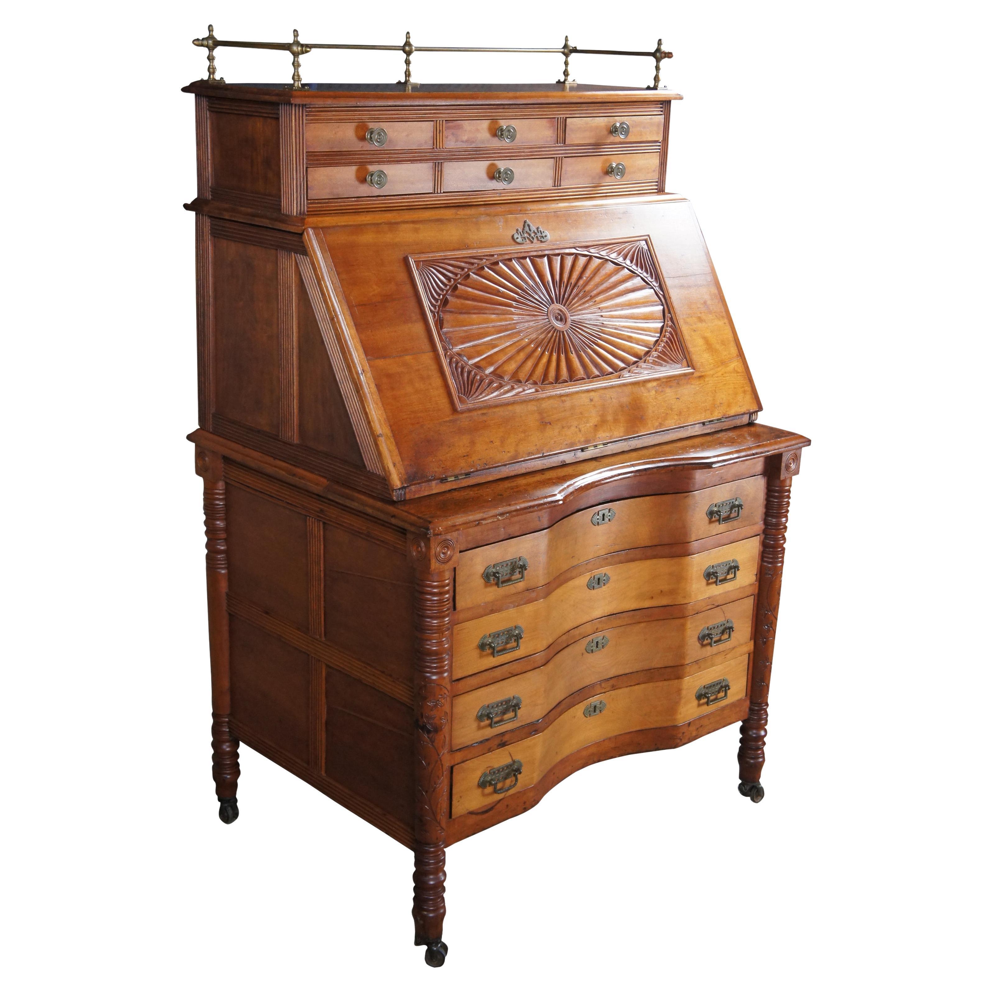 Antique Victorian Eastlake Cherry Drop Front Secretary Writing Desk 61"