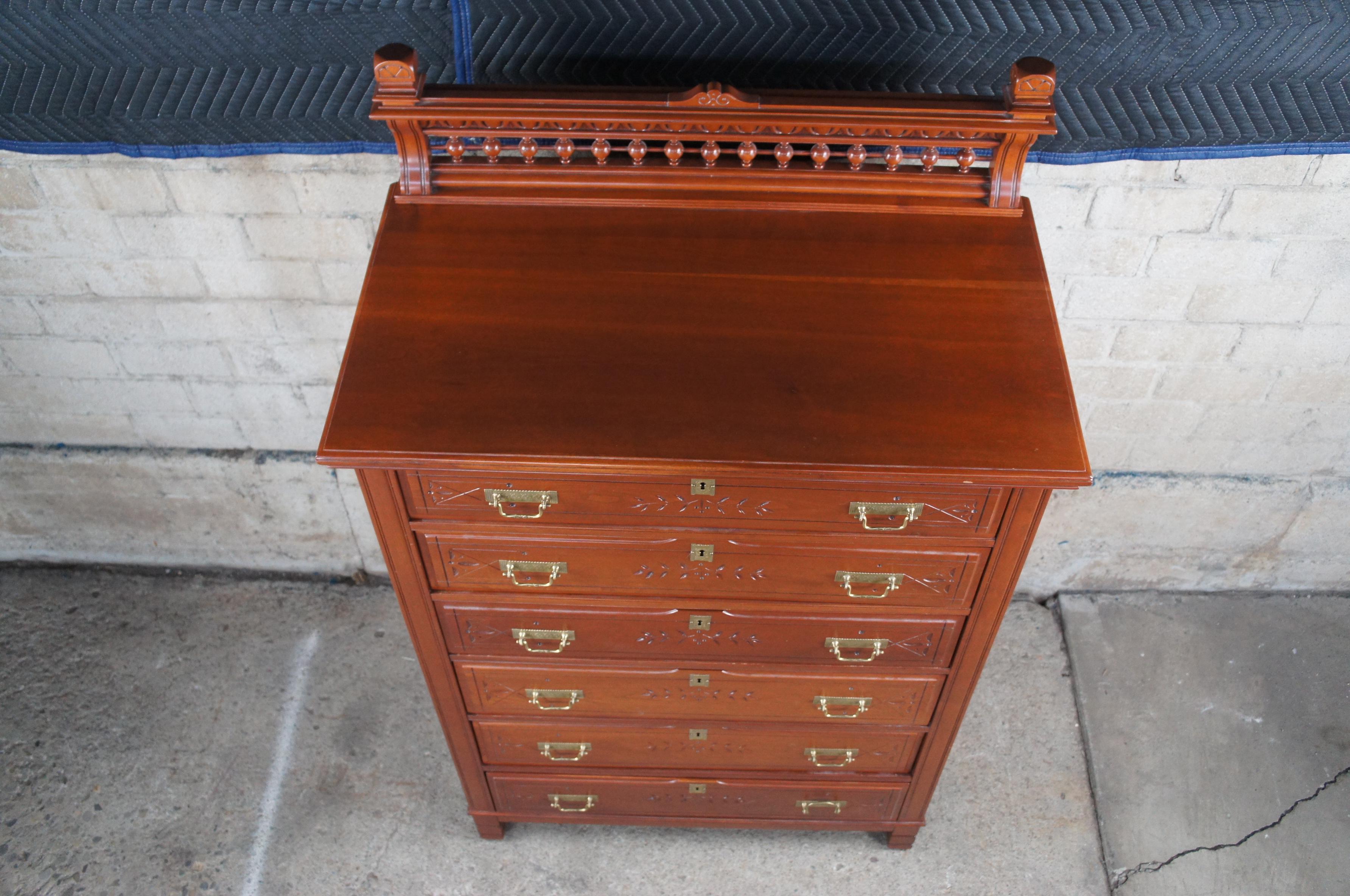Antique Victorian Eastlake Cherry Tallboy Dresser Chest of Drawers Backsplash In Good Condition For Sale In Dayton, OH