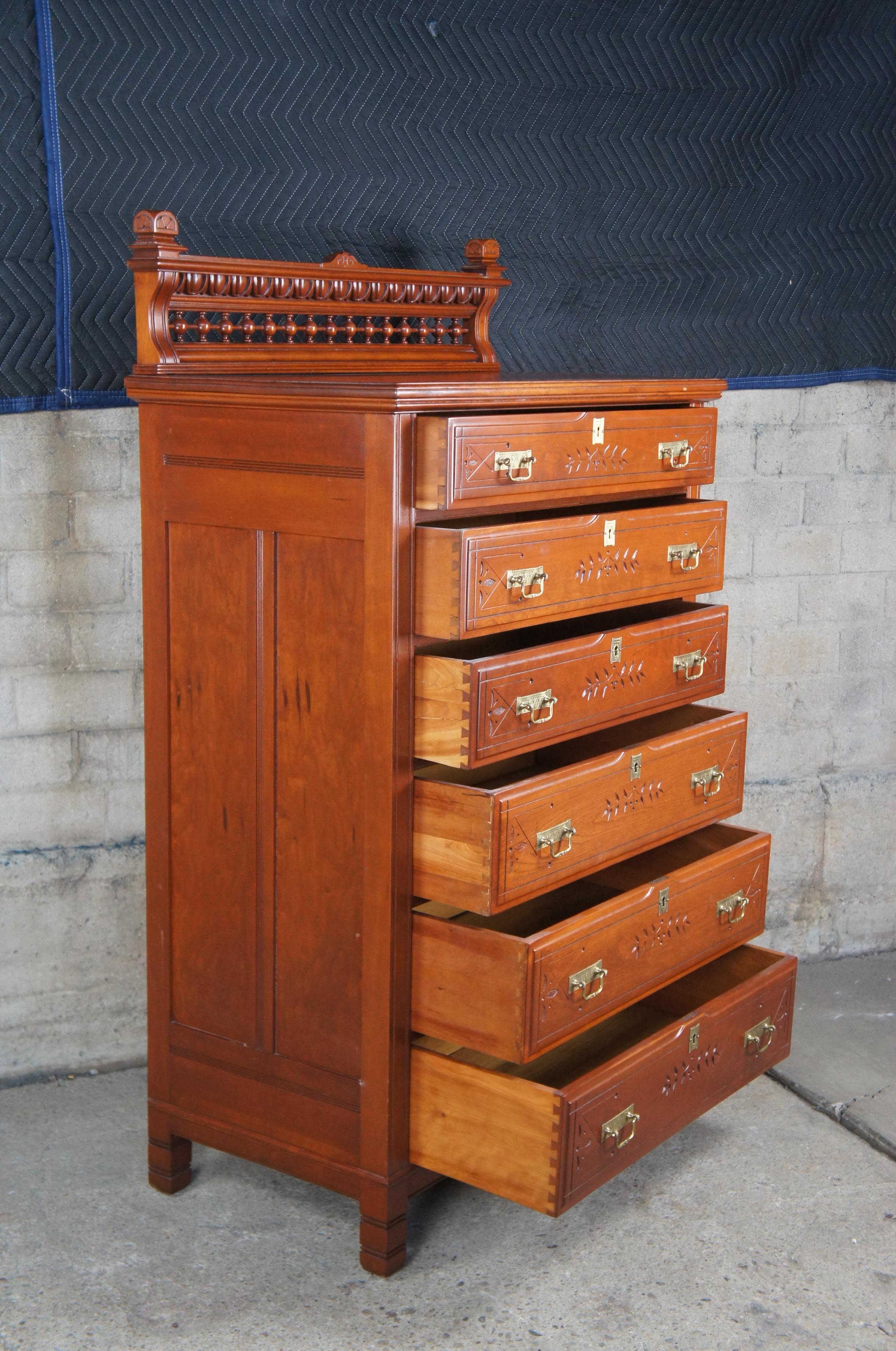 Antique Victorian Eastlake Cherry Tallboy Dresser Chest of Drawers Backsplash For Sale 2