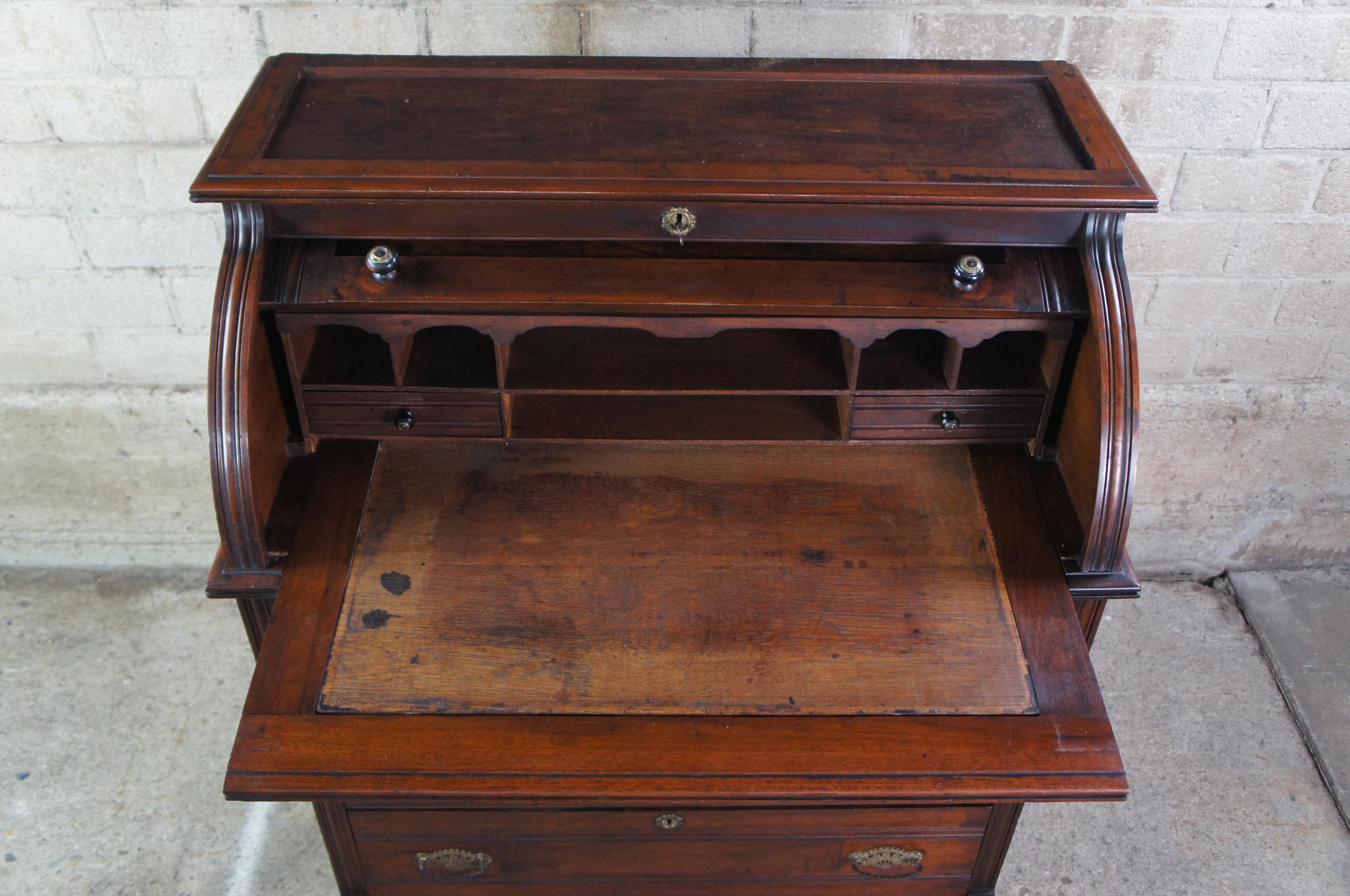 Antique Victorian Eastlake Half Cylinder Walnut Roll Top Secretary Writing Desk In Good Condition In Dayton, OH