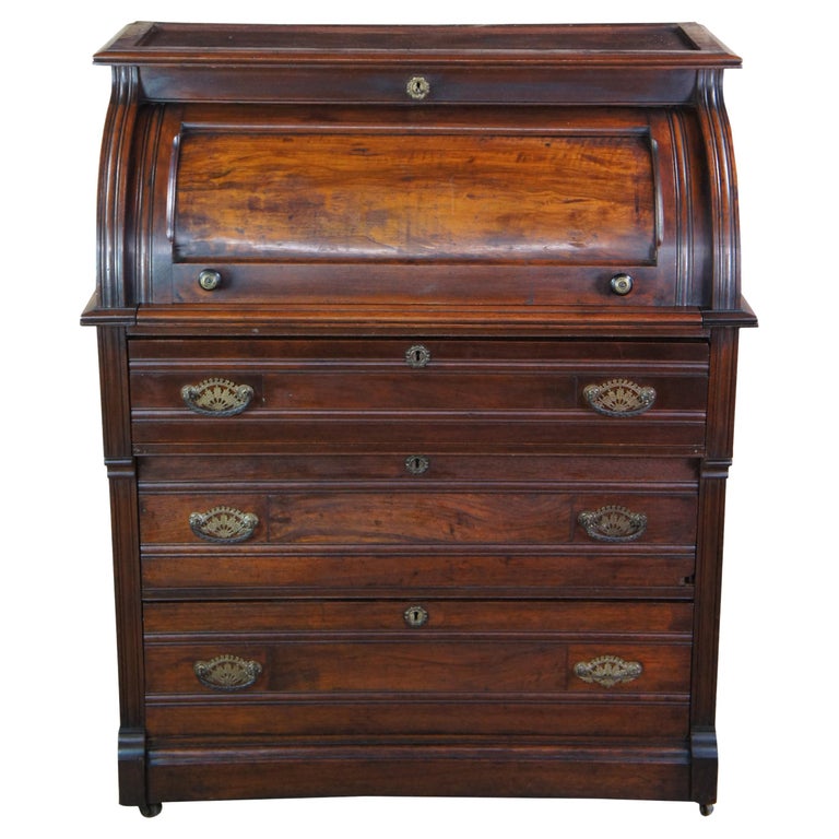 Antique Victorian Eastlake Half Cylinder Walnut Roll Top Secretary