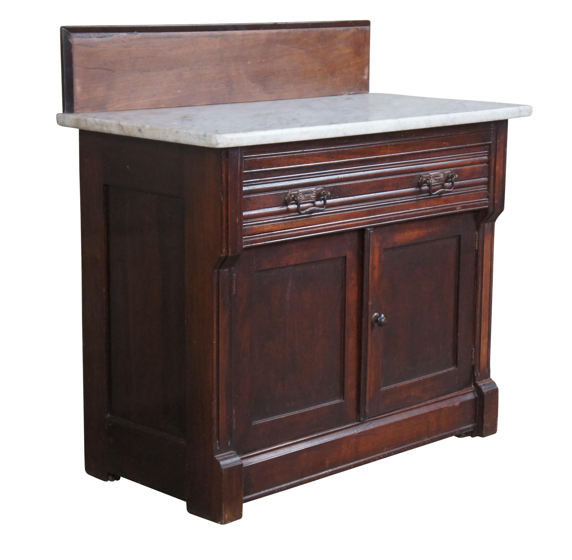 Antique Victorian Eastlake Mahogany Marble Top Wash Stand Basin Cabinet  In Fair Condition For Sale In Dayton, OH