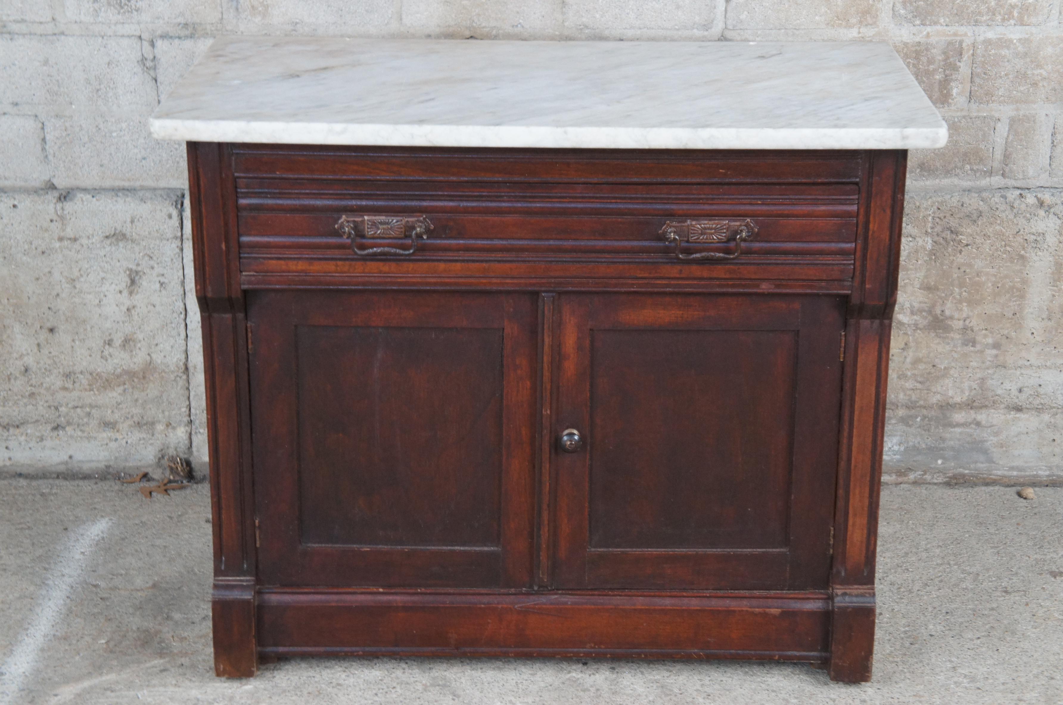 19th Century Antique Victorian Eastlake Mahogany Marble Top Wash Stand Basin Cabinet  For Sale