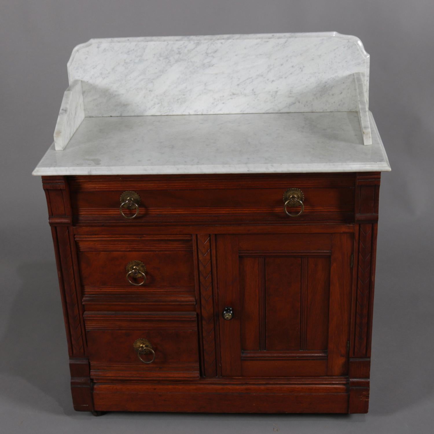 Antique Victorian Eastlake Marble-Top and Walnut Wash Stand, circa 1890 In Good Condition In Big Flats, NY
