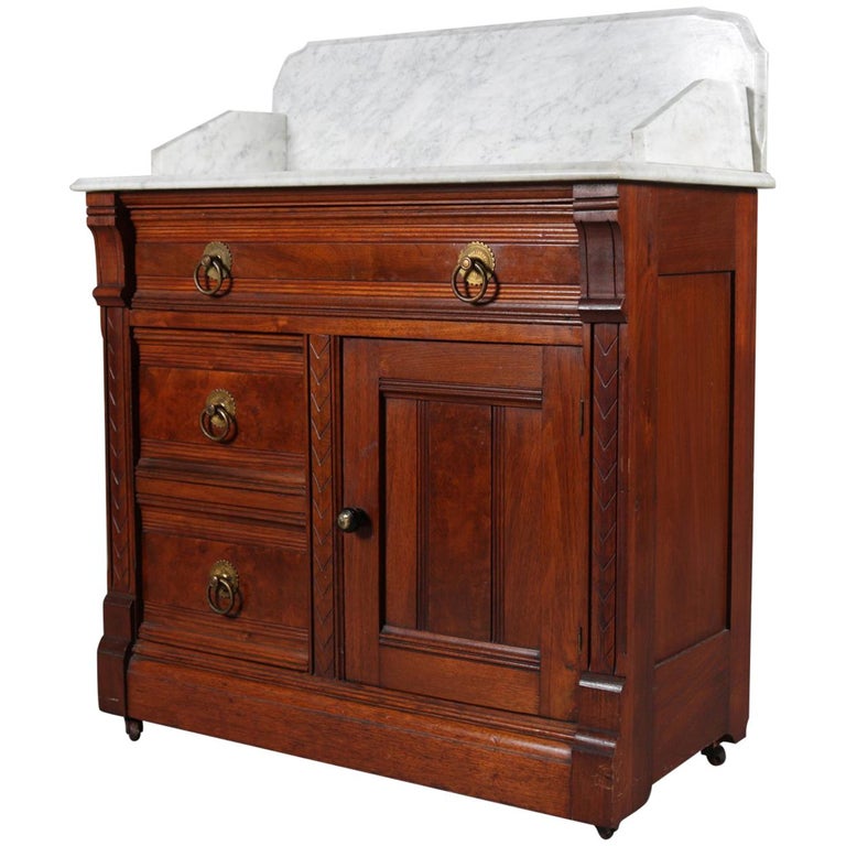 Antique Victorian Eastlake MarbleTop and Walnut Wash Stand, circa 1890