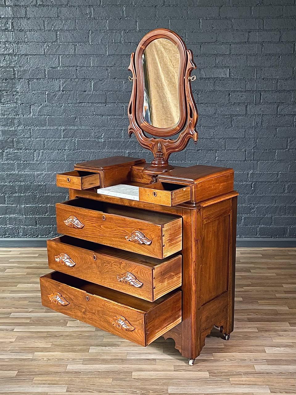 American Antique Victorian Eastlake Marble-Top Dresser with Swivel Mirror For Sale