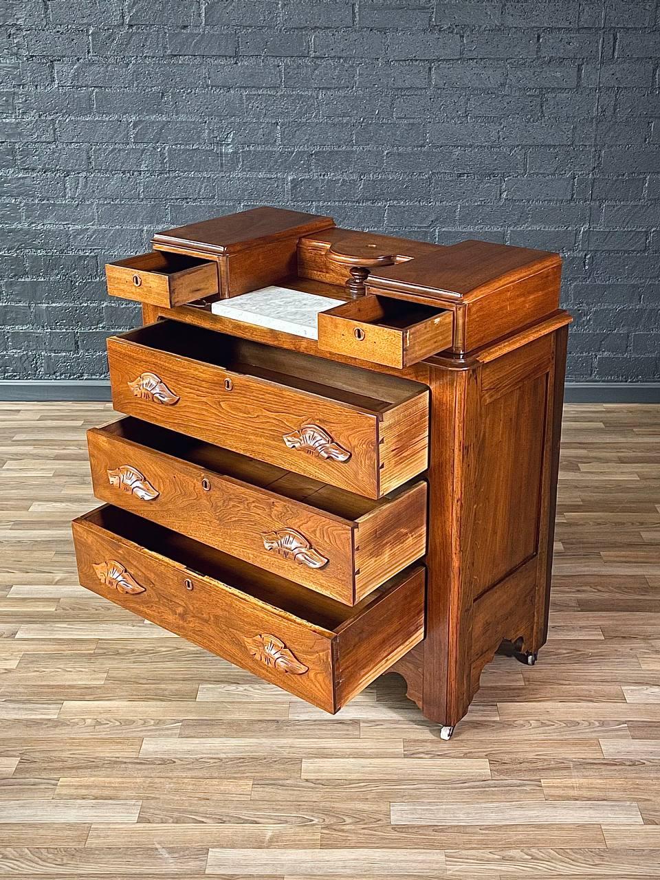 Antique Victorian Eastlake Marble-Top Dresser with Swivel Mirror In Good Condition For Sale In Los Angeles, CA