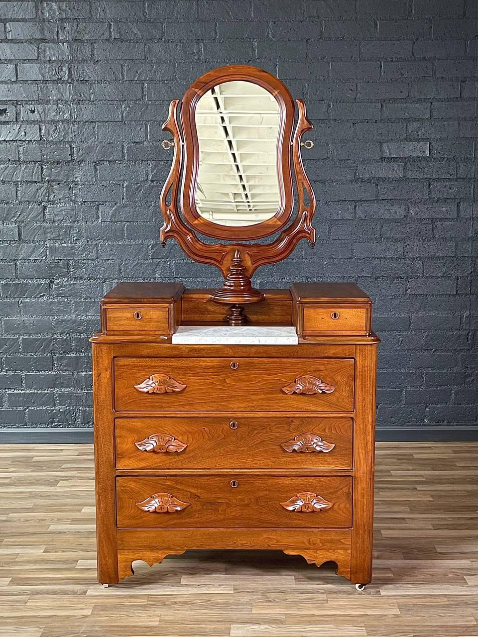 Early 20th Century Antique Victorian Eastlake Marble-Top Dresser with Swivel Mirror For Sale