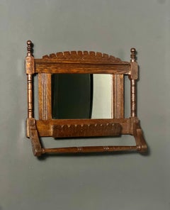 Antique Victorian Eastlake Oak Shaving Mirror with Towel Bar