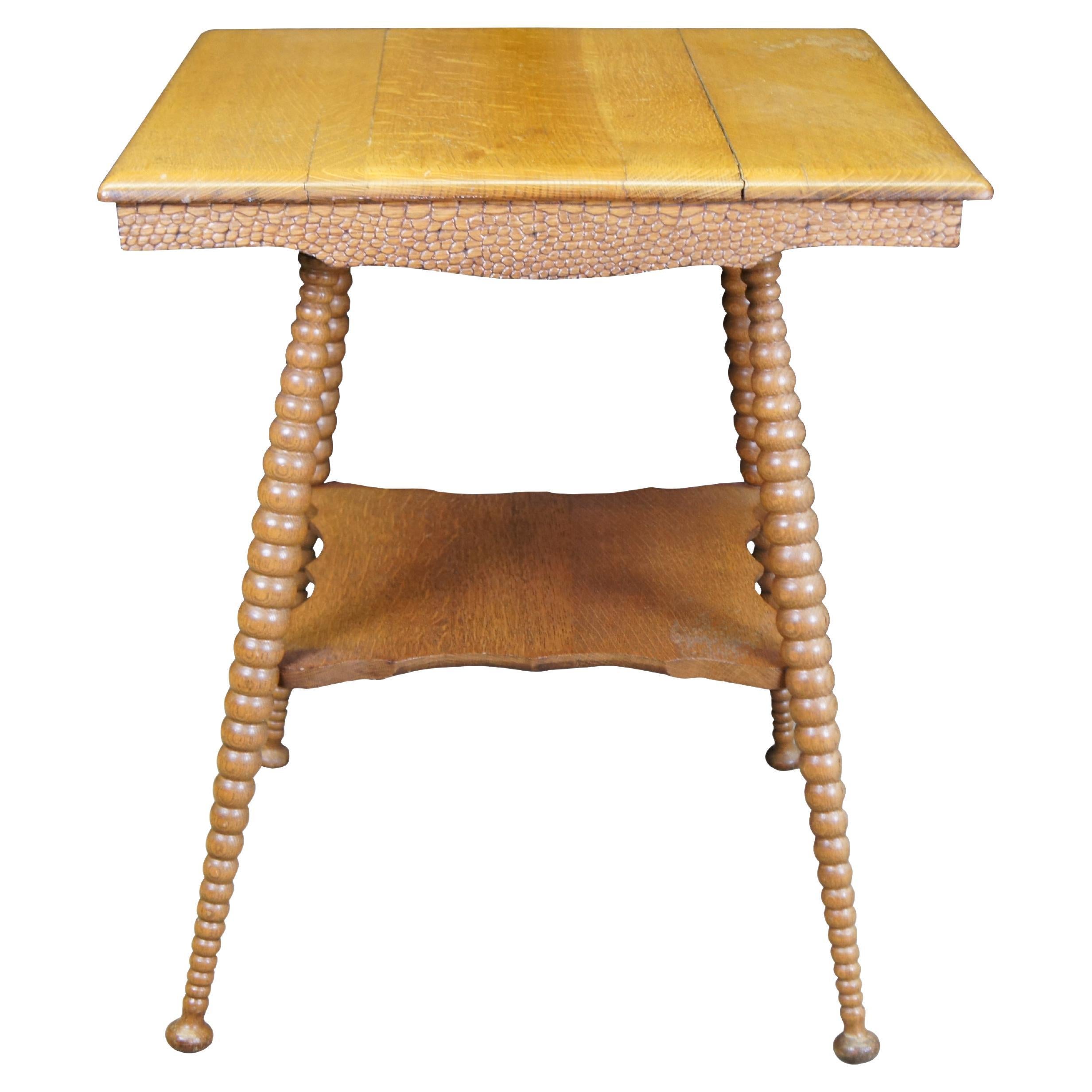 Antique Victorian Eastlake Oak Square 2 Tier Stacked Ball Parlor Table  28"