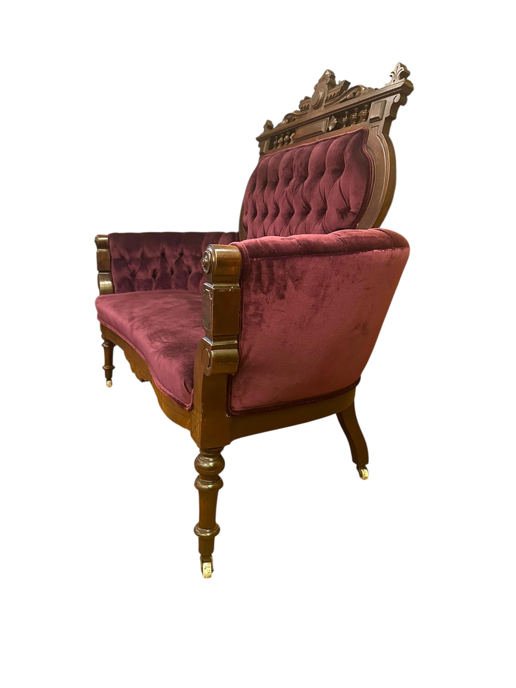 Antique Victorian Eastlake Style 3 Piece Carved Walnut Parlor Set Reupholstered For Sale 4