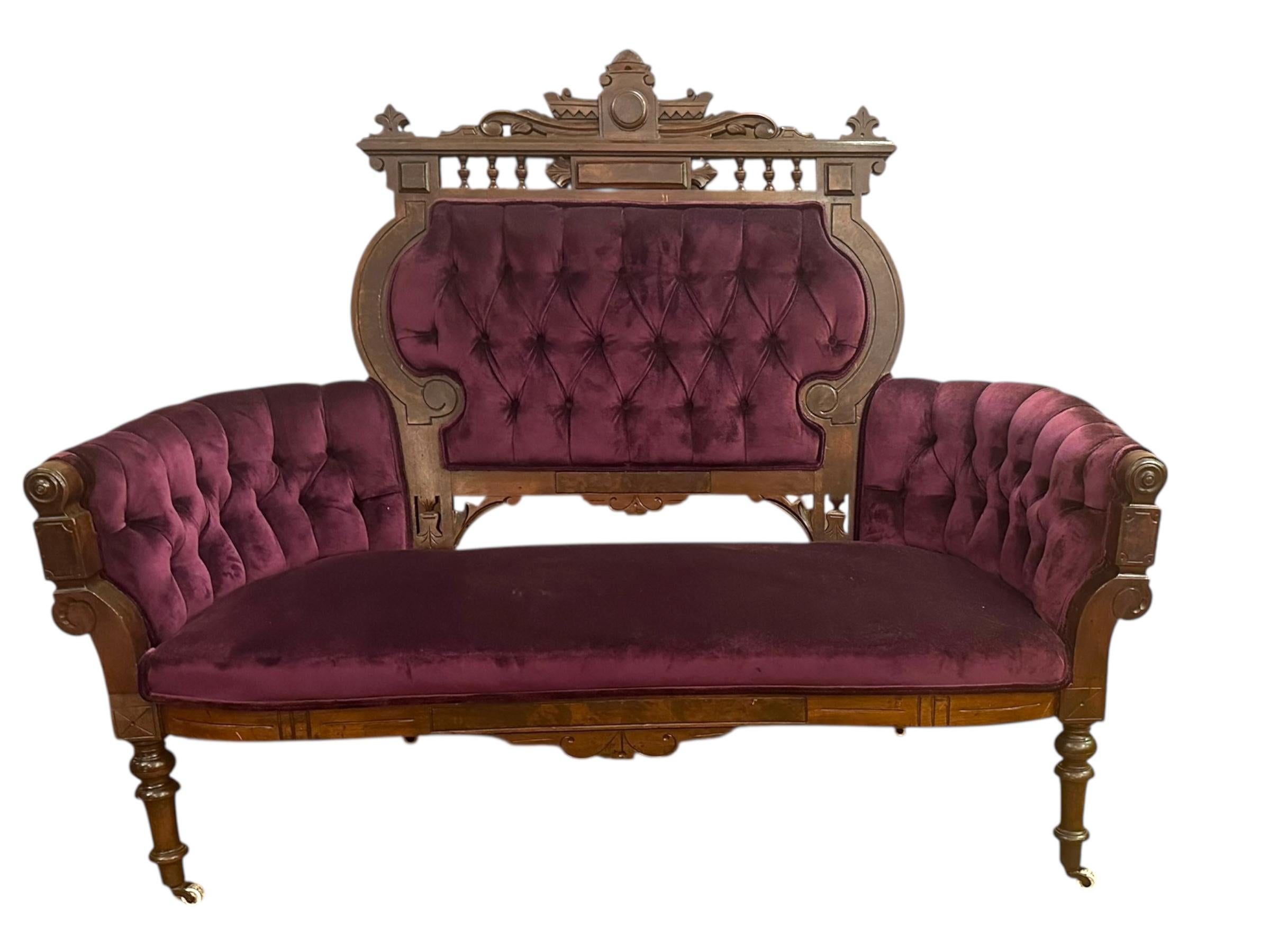 Antique Victorian Eastlake Style 3 Piece Carved Walnut Parlor Set Reupholstered For Sale 6