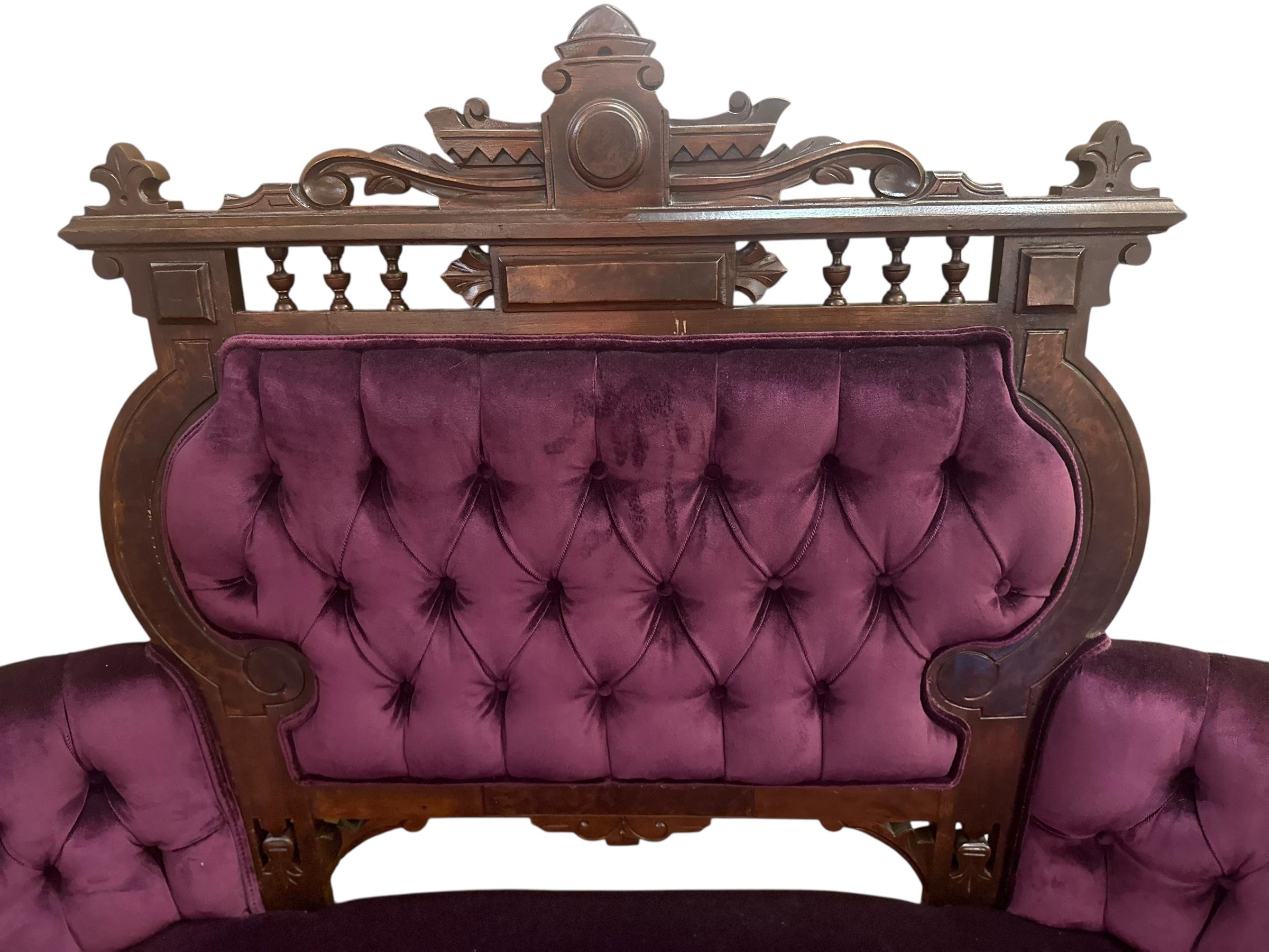 Antique Victorian Eastlake Style 3 Piece Carved Walnut Parlor Set Reupholstered For Sale 8