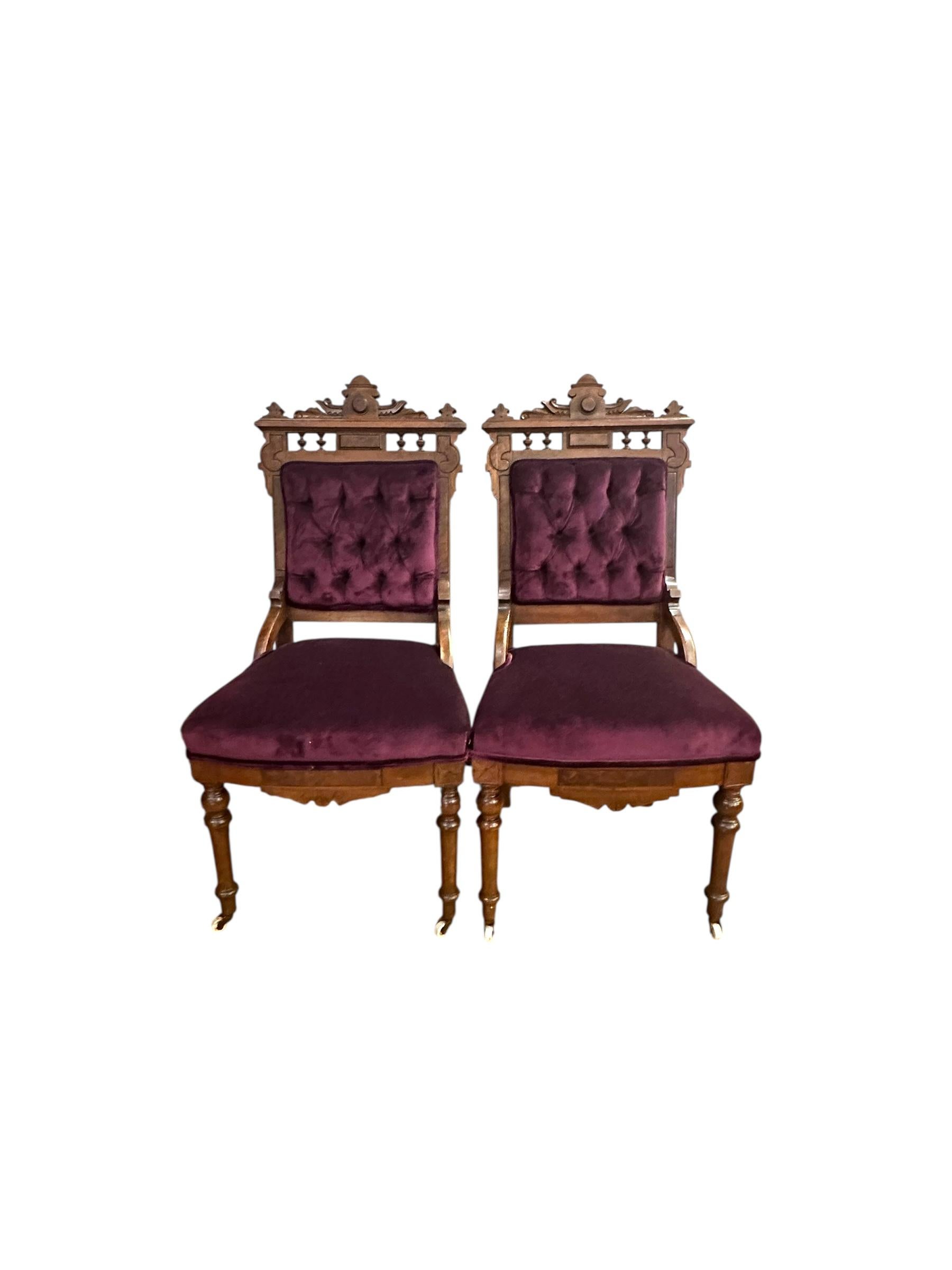 Antique Victorian Eastlake Style 3 Piece Carved Walnut Parlor Set Reupholstered For Sale 10