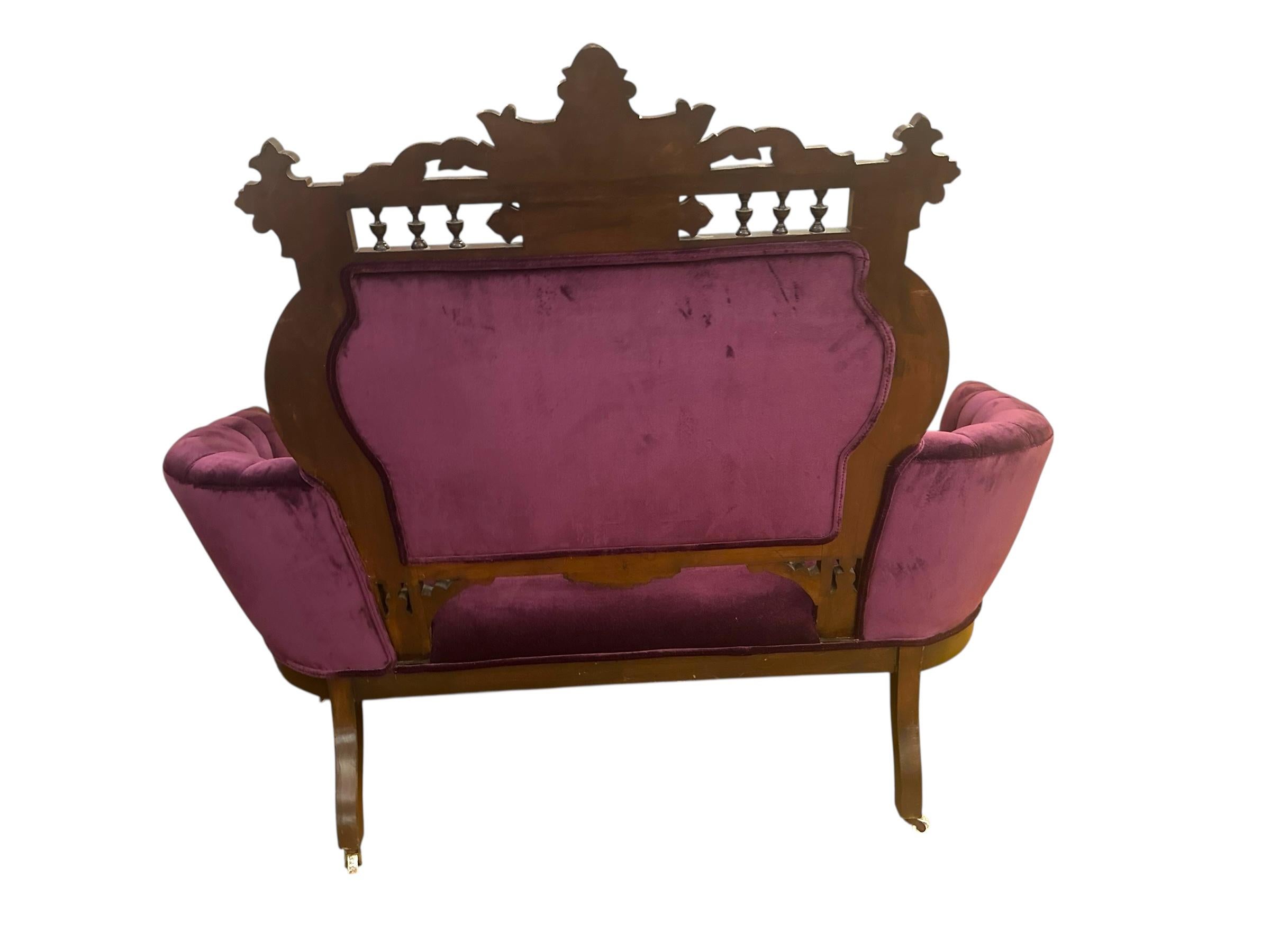 19th Century Antique Victorian Eastlake Style 3 Piece Carved Walnut Parlor Set Reupholstered For Sale